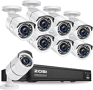ZOSI 1080p H.265+ Security Camera System for Home, 5MP Lite 8 Channel CCTV DVR and 8 x 1080p Weatherproof Bullet Cameras Outdoor Indoor with 120ft Night Vision and 105°Wide Angle (No HDD Included) asin的图片
