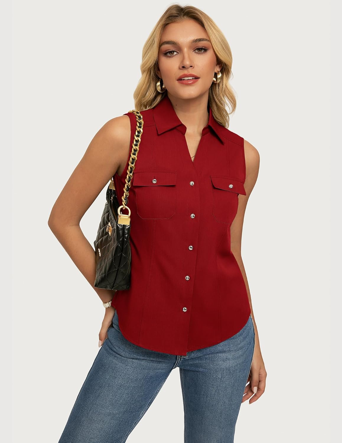 GRACE KARIN Women Sleeveless Button Down Shirts, Summer Solid Dressy Casual Blouse, V Neck Tank Top Business Work 2026 Trendy - Image 3