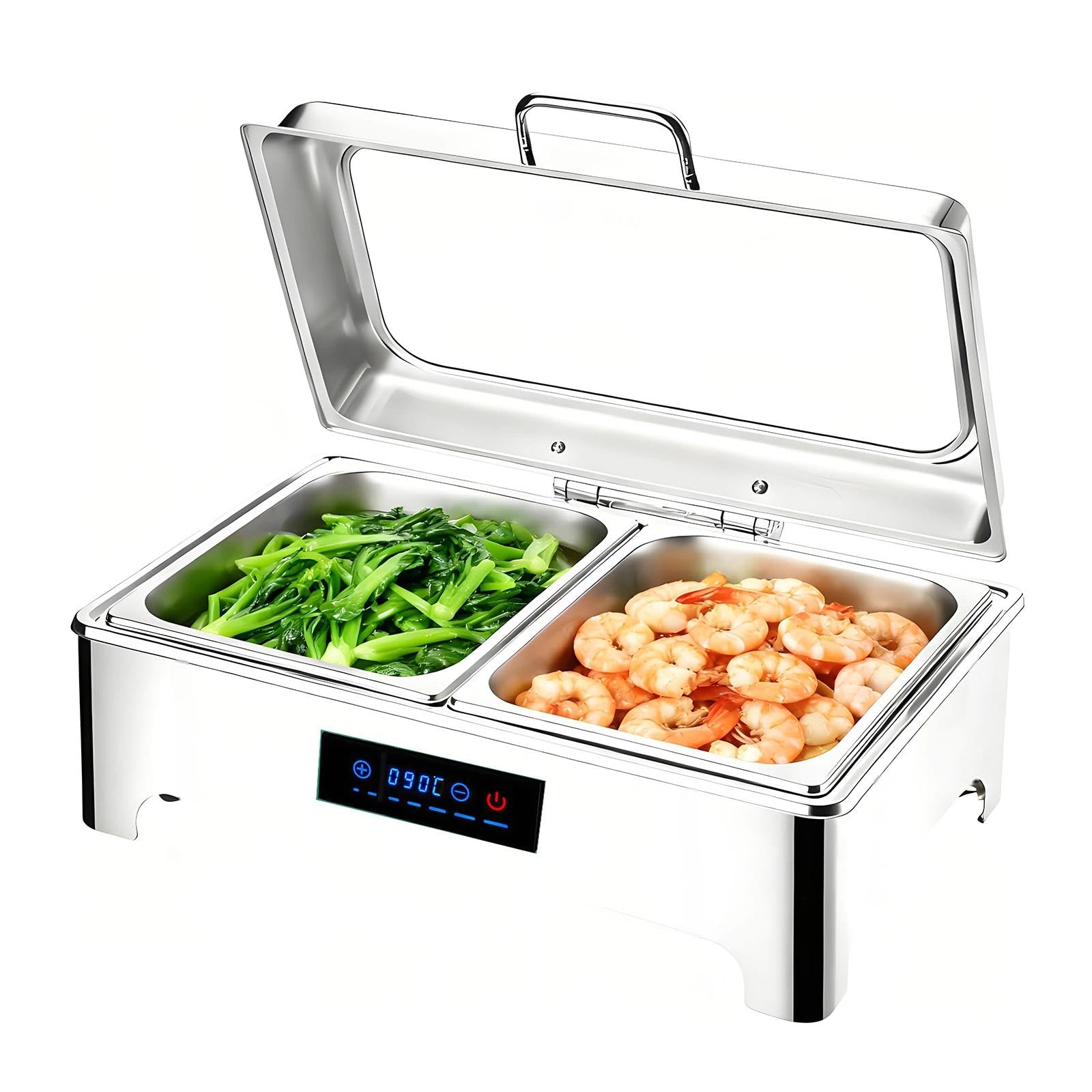 Chafing Dish Eléctrico 9L, Calentador de Buffet Electrico con Toque Inteligente, Acero Inoxidable Calentador de Comida con Tapa Visible para Fiesta, Temperatura Regulable 0-90℃(1/2)