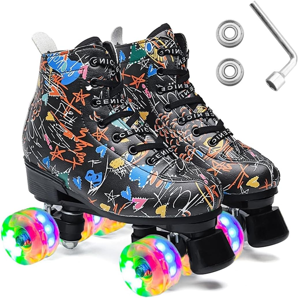 ERNAN Roller Skates for Girl Women Light Up High Top Double Row Adjustable PU Skates Shoes for Kid Beginner Indoor Outdoor (Graffiti style, 38=UK5.5)