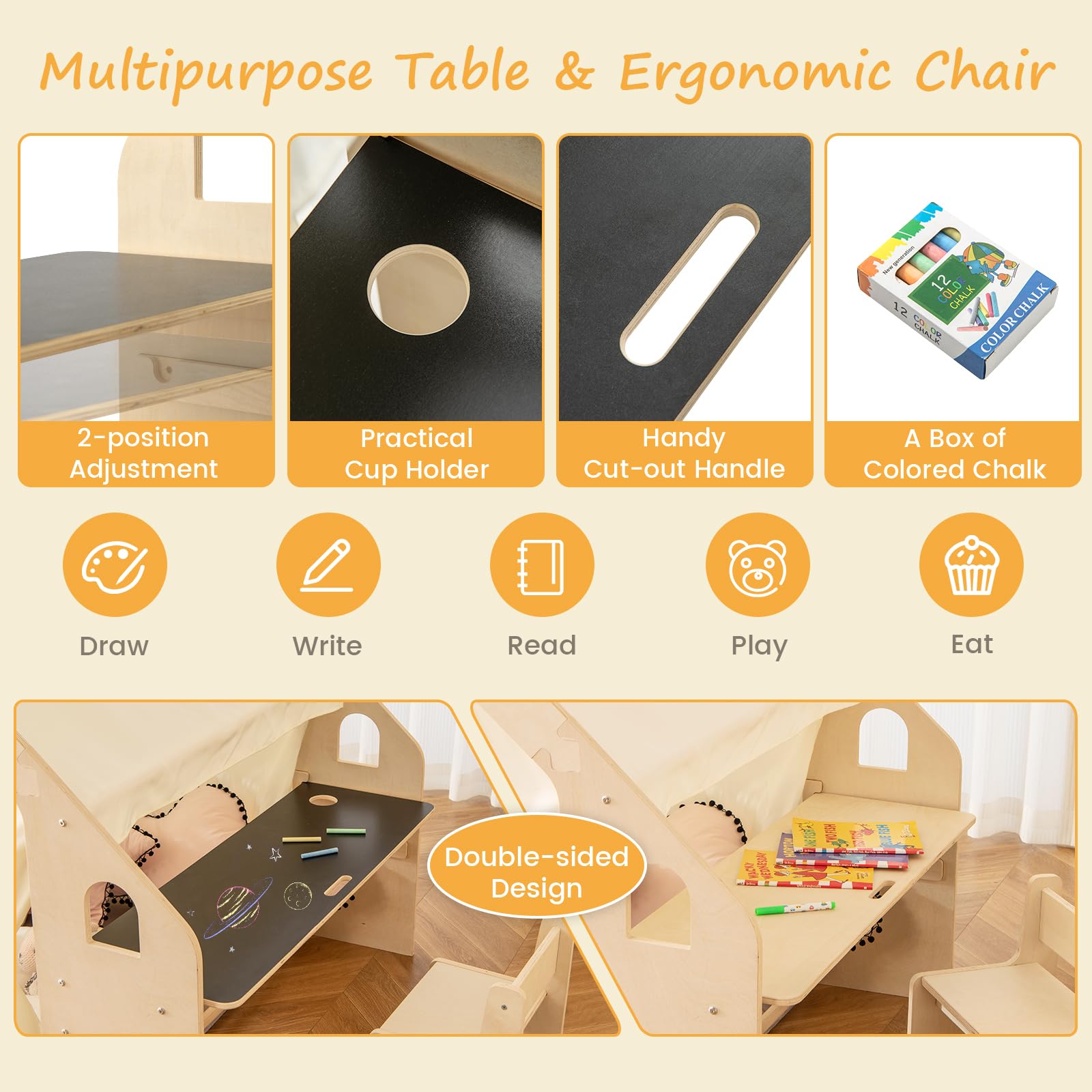 HOMASIS 5 en 1 Tienda de Campaña Infantil con Mesa y Silla, Tipi Infantil con Alfombrilla y Pizarra y Caja de Almacenamiento y Caja de tizas, para Niños de 2-6 Años (con 6 Caja)