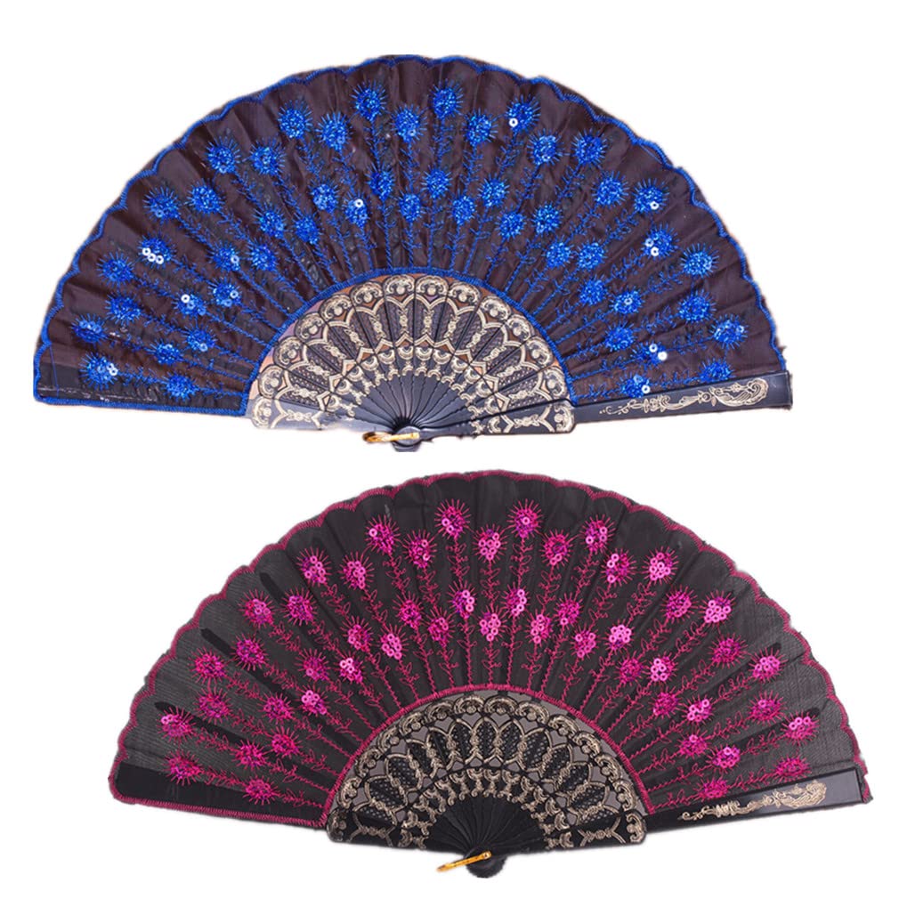 2 Pcs Sequin Folding Fans, Elegant Embroidered Flower Peacock Pattern Handheld Fan, Decorative Hand Fans for Dancing Wedding Party Favors Gift Wall Hanging Decoration (Dark Blue + Rose Red)