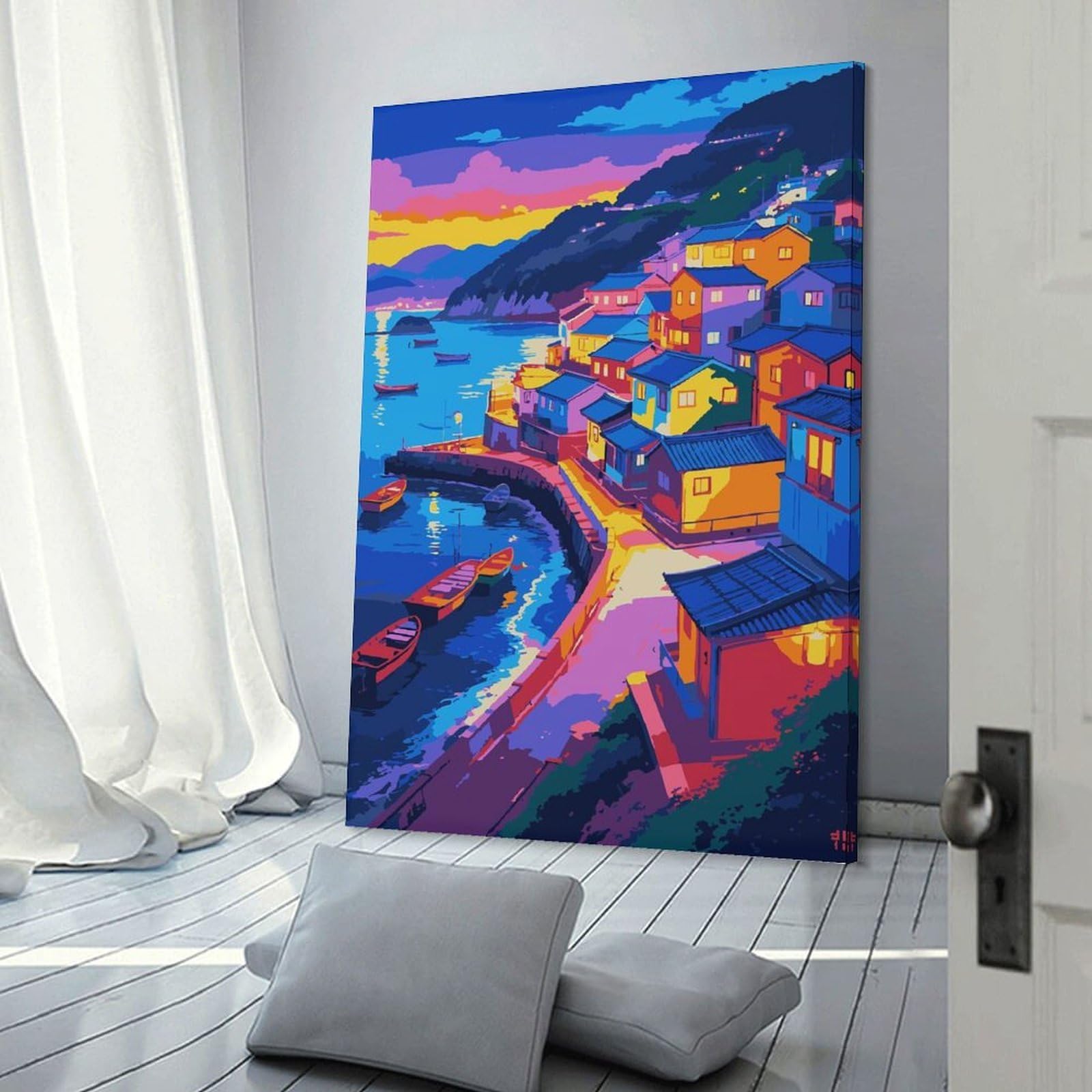 Junmoney Colorful Coastal Village at Sunset Home Decor Wall Art, 20x30inch(50x75cm), for Home, Office, Studio Or Guest Room, An Adaptable Decor Piece for Home Use