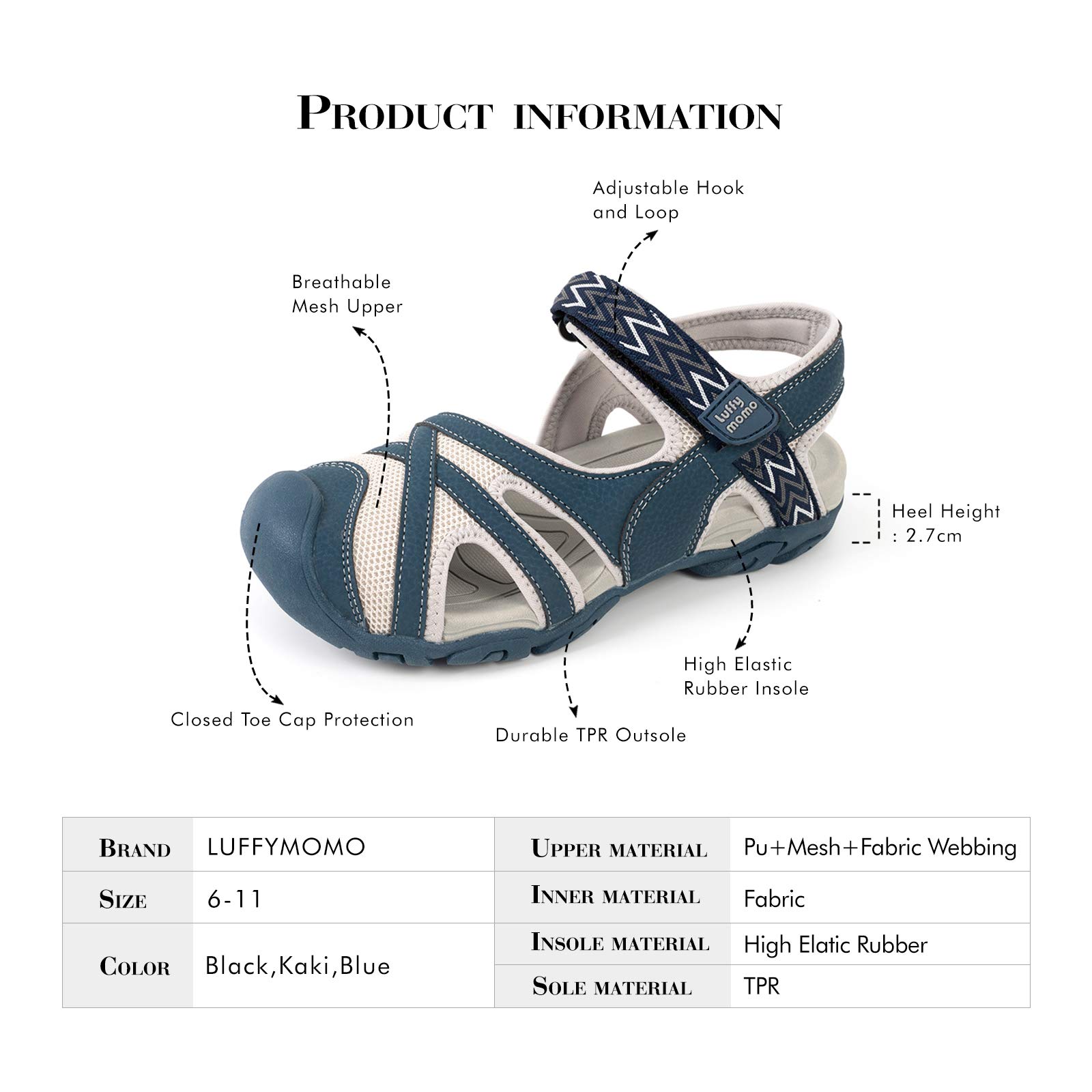 HEVA Womens Hiking Outdoor Sandals Closed Toe Adjustable hook and loop Outdoor Sports Sandals Ladies Trekking Athletic Walking Shoes