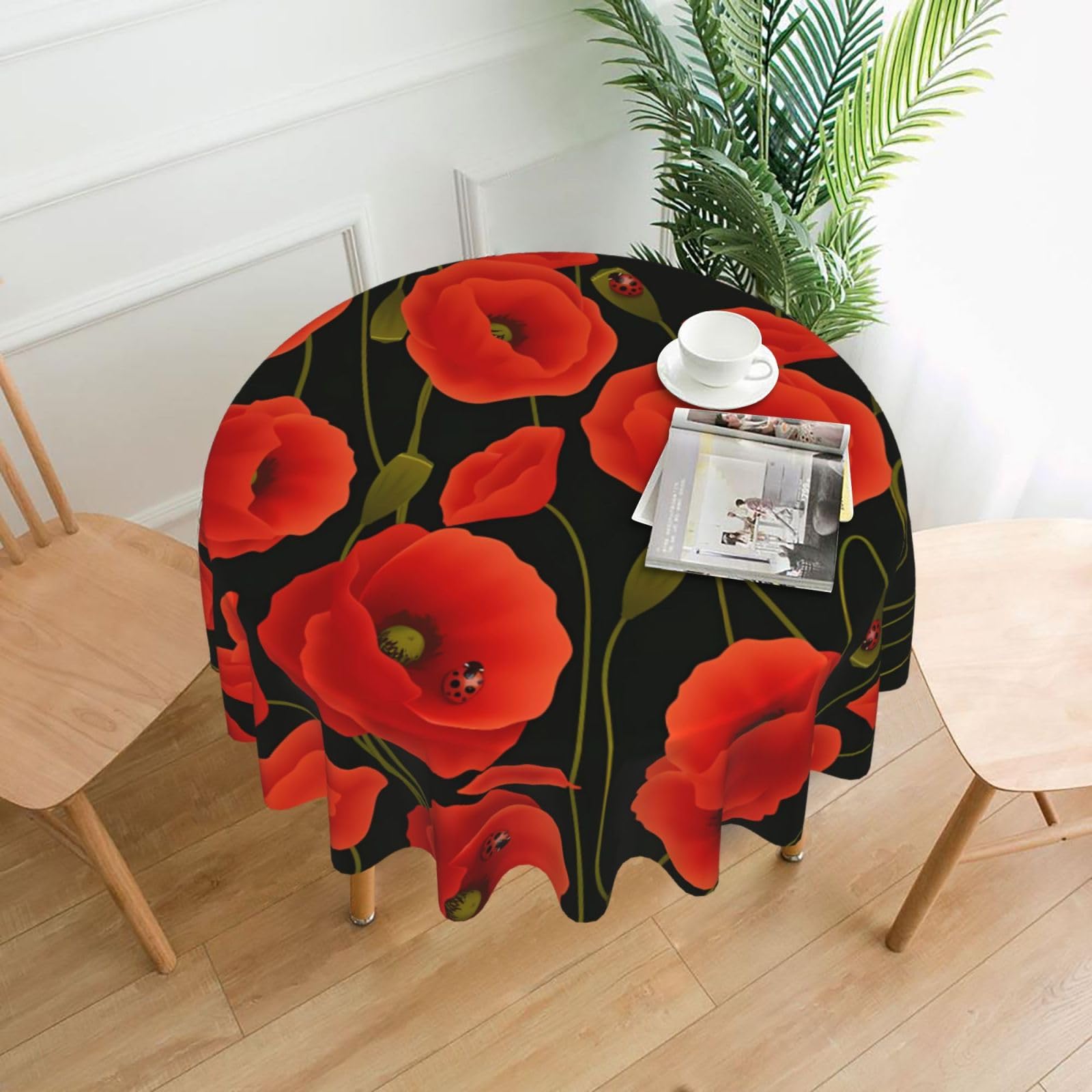 ZHAOUR Poppy Flowers Print Round Washable Tablecloth – Table Cover
