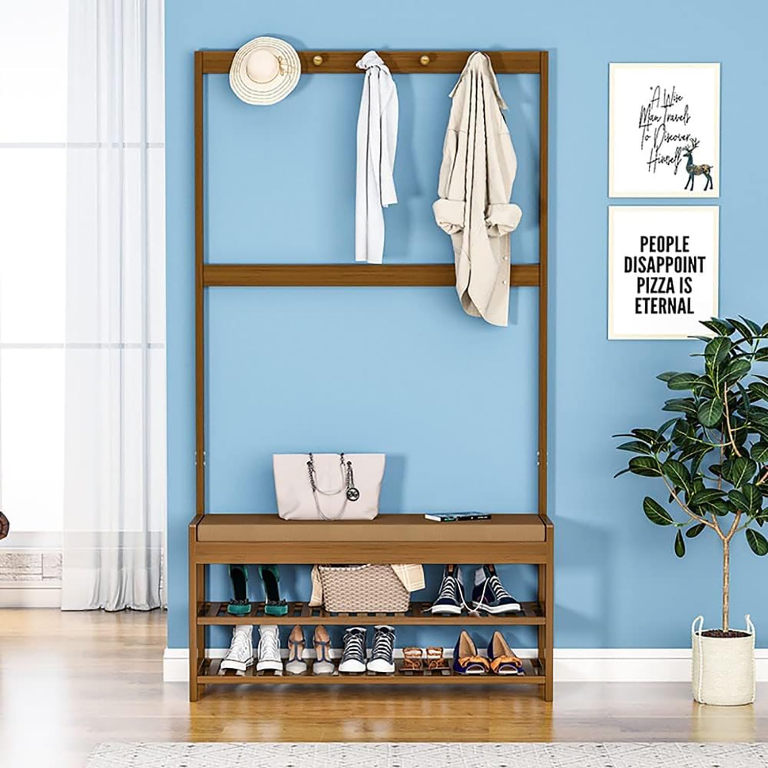 Arbre d'entrée Porte-Manteau en Bois Massif meuble de rangement chaussures à 2 niveaux