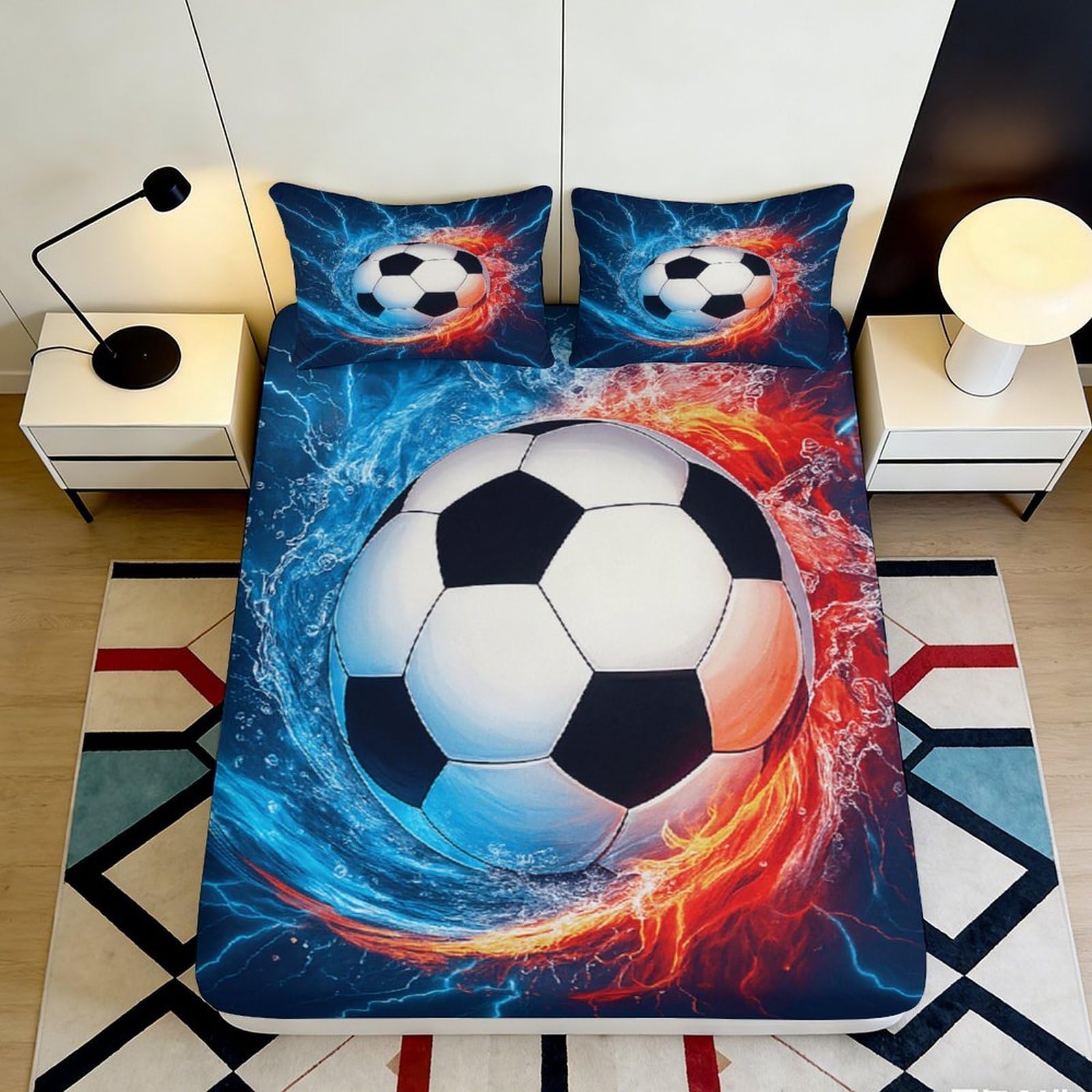 3D Printed Fire Water Soccer Fitted Sheet Microfiber Soft Bed Cover for Bedroom Guest Room Dorm Decor Protection 90x200x25cm