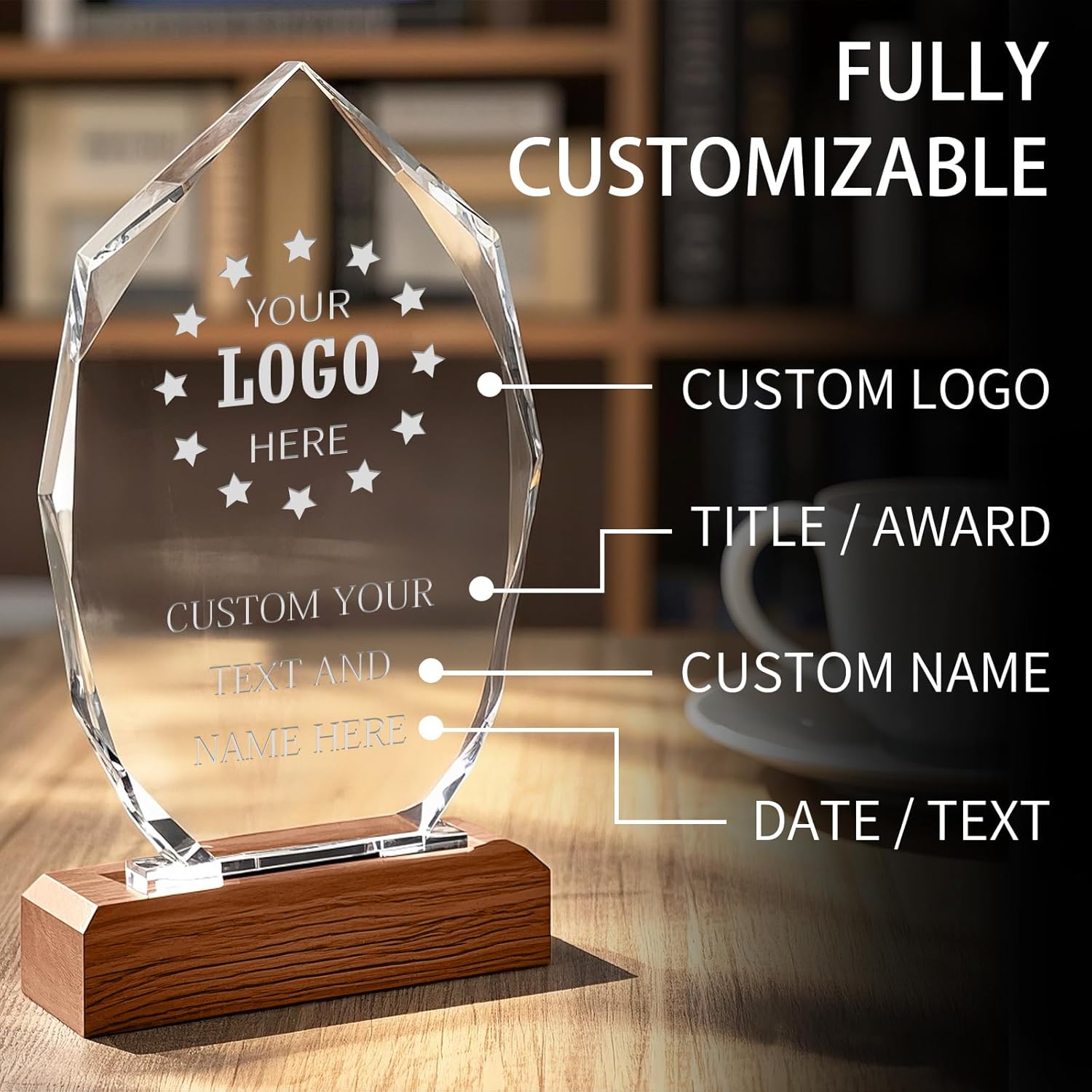 Custom Crystal Trophy Award with Wood Base, Personalized Engraved Text and Logo on Glass Plaque, Appreciation Gift for Employees, Boss, Manager, Retirement, Sports Recognition
