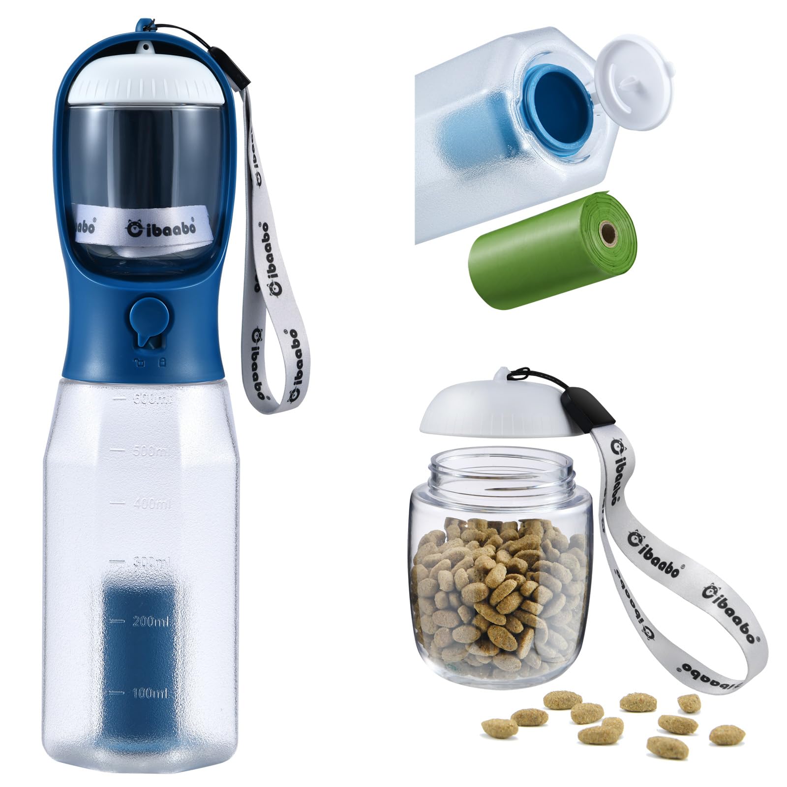 Cibaabo Dog Water Bottle with Food Container & Poop Bag Holder, Travel Water Bowl, Portable Pet Dispenser, Dog Gifts Stuff Accessories Items, Puppy