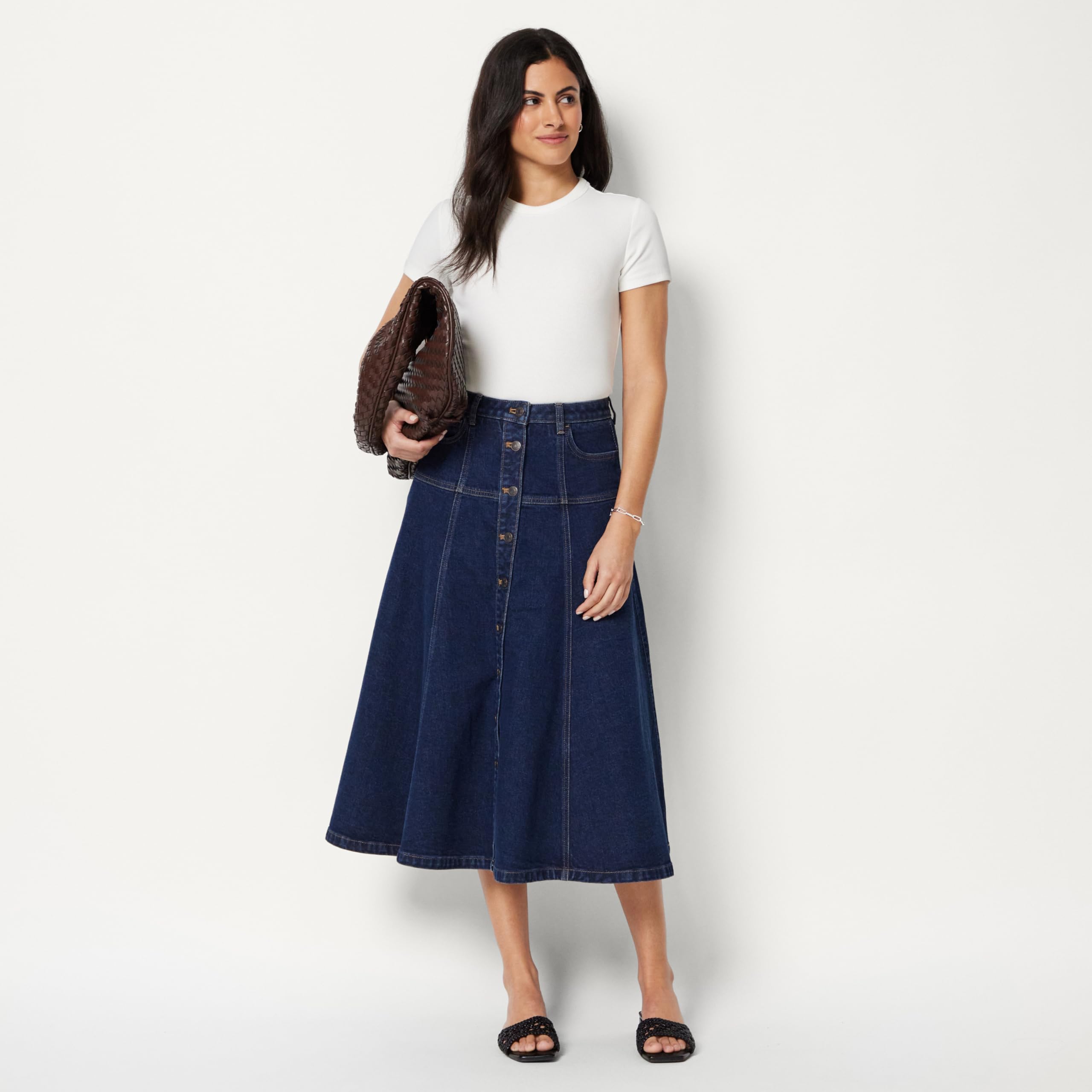 Amazon Essentials Mujer Falda Midi Acampanada de Mezclilla de Talle Alto con Botones