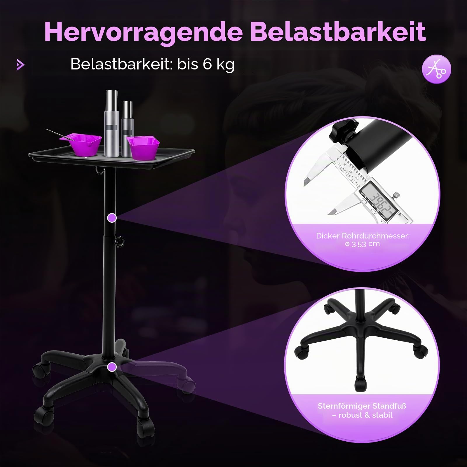 Professional Salon Tattoo Instrument Tablett, Rollwagen, mobiler Ständer, höhenverstellbar, Schwarz