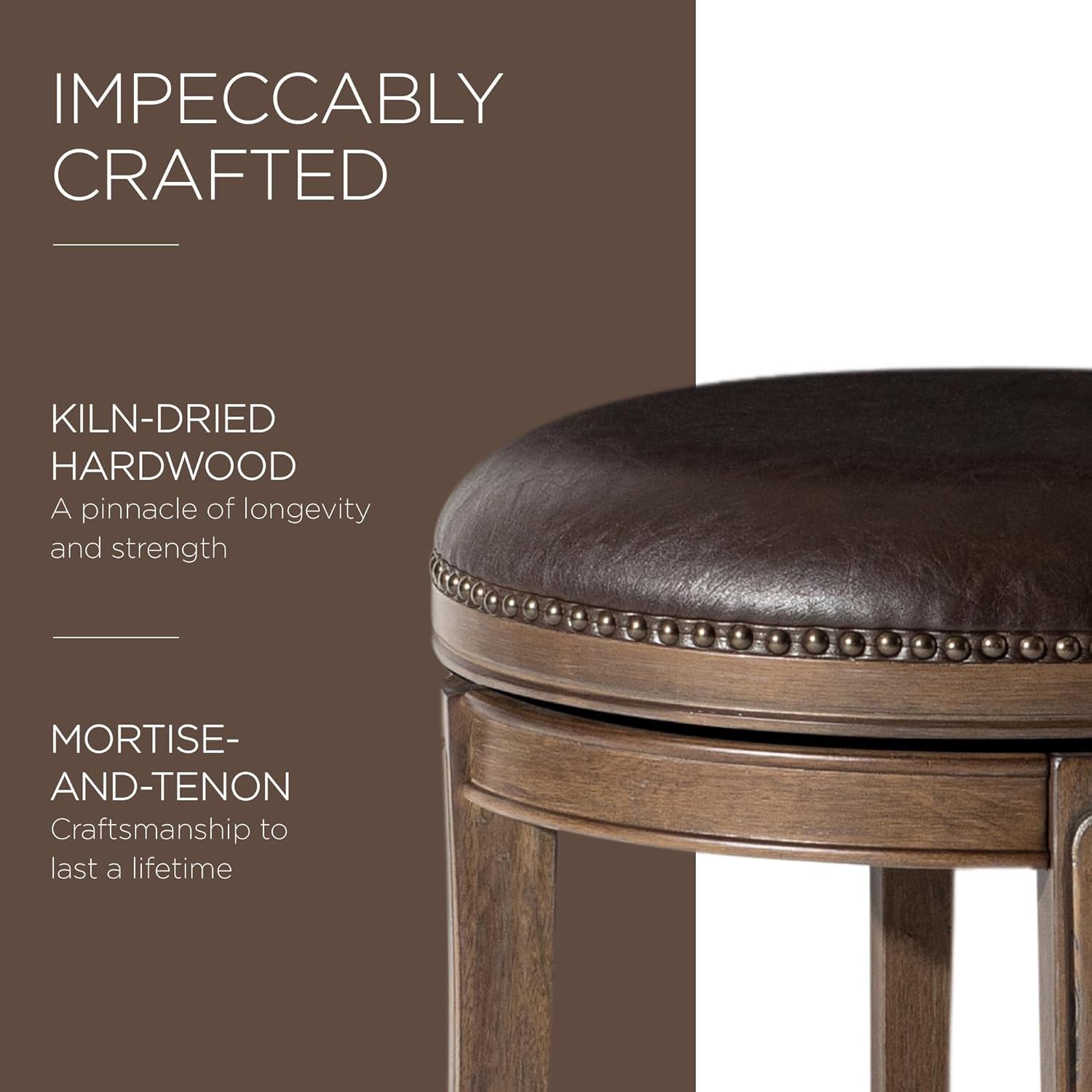 Maven Lane Alexander Backless Counter Stool 26 Inches Swivel Stool with Footrest Brown Solid Wood and Dark Brown Faux Leather Upholstery Perfect for Kitchen Island and Counter