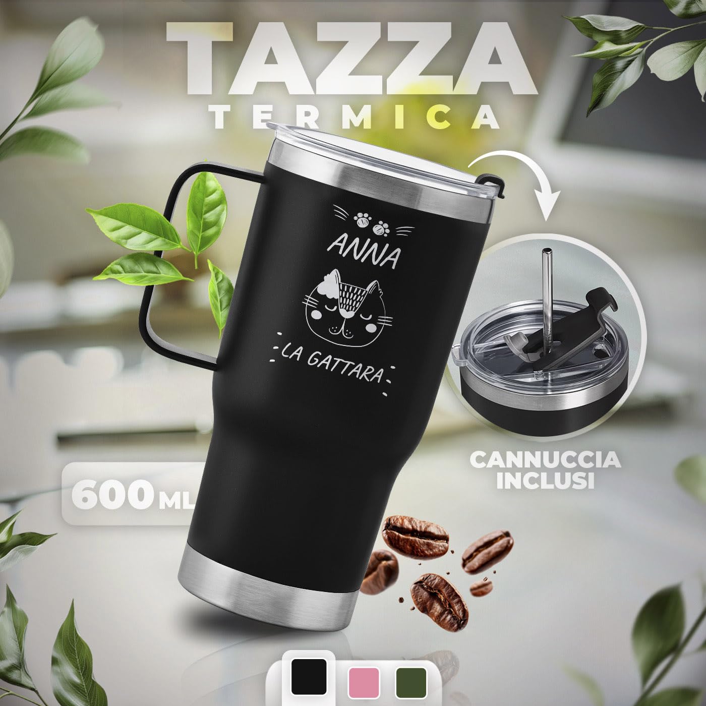 Maverton Tazza termica con manico e cannuccia 600 ml - Borraccia termica con cannuccia - Tazza personalizzata acciaio inox - Bicchiere termico con incisione nero - Idee regalo donna compleanno