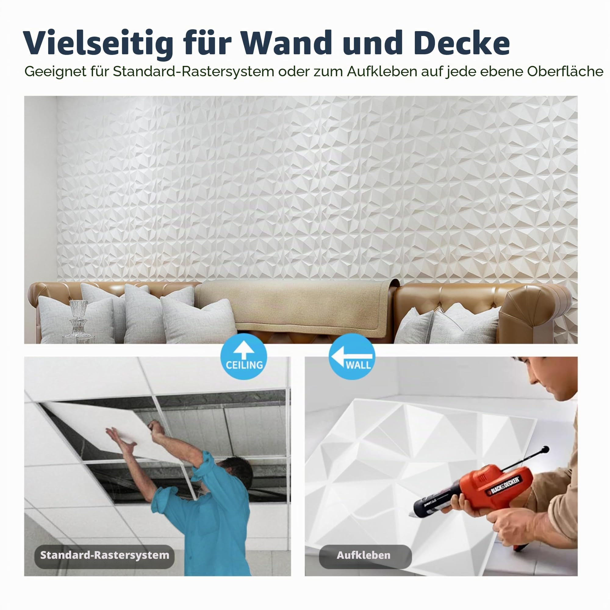 Art3d 33 Stück 3D Wandpaneele Diamant Hochsteifes PVC, 30 x 30 cm, Nicht Verformbar, Recycelbar, Wasserfest, Hitzebeständig, Geruchsneutral,matt weiß