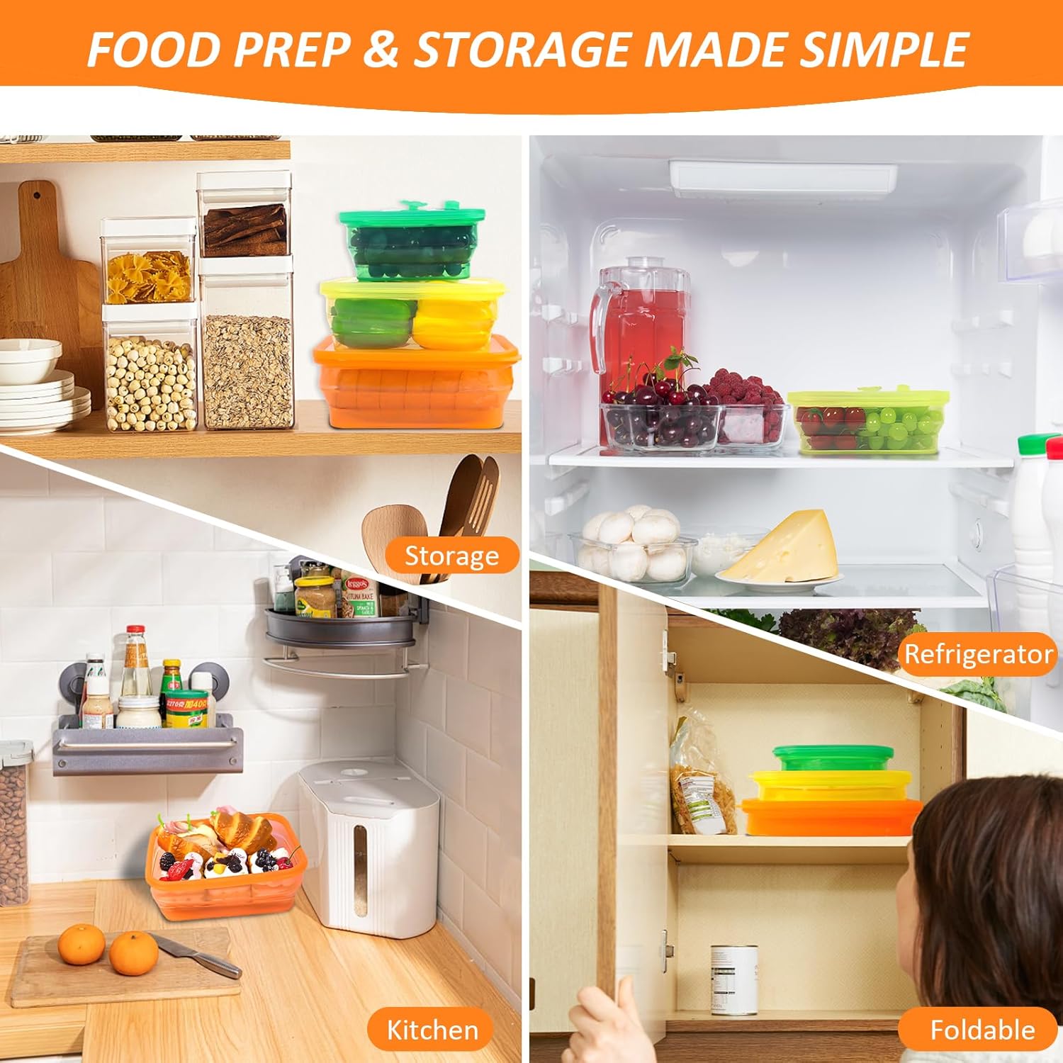 Set of 3 Clear Collapsible Full Silicone Food Storage Containers with Lids, Bento Lunch boxes for Meal Prep, Lunch, Leftovers, Microwave Fridge Dishwasher Safe, BPA-Free