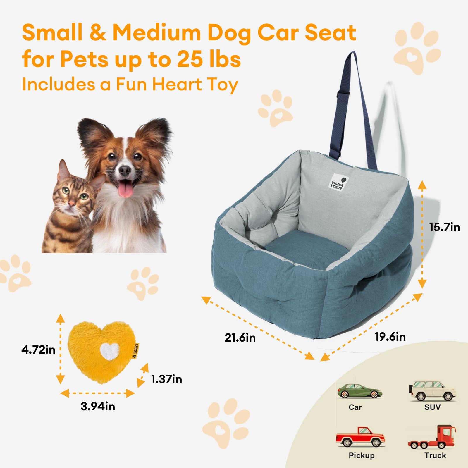 FUNNY FUZZY Dog Car Booster Seat for Small/Medium Dogs Up to 39lbs – Waterproof Fabric, Non-Slip Base, Safety Leash, Fully Detachable & Machine Washable Cover (Blue) - image 3
