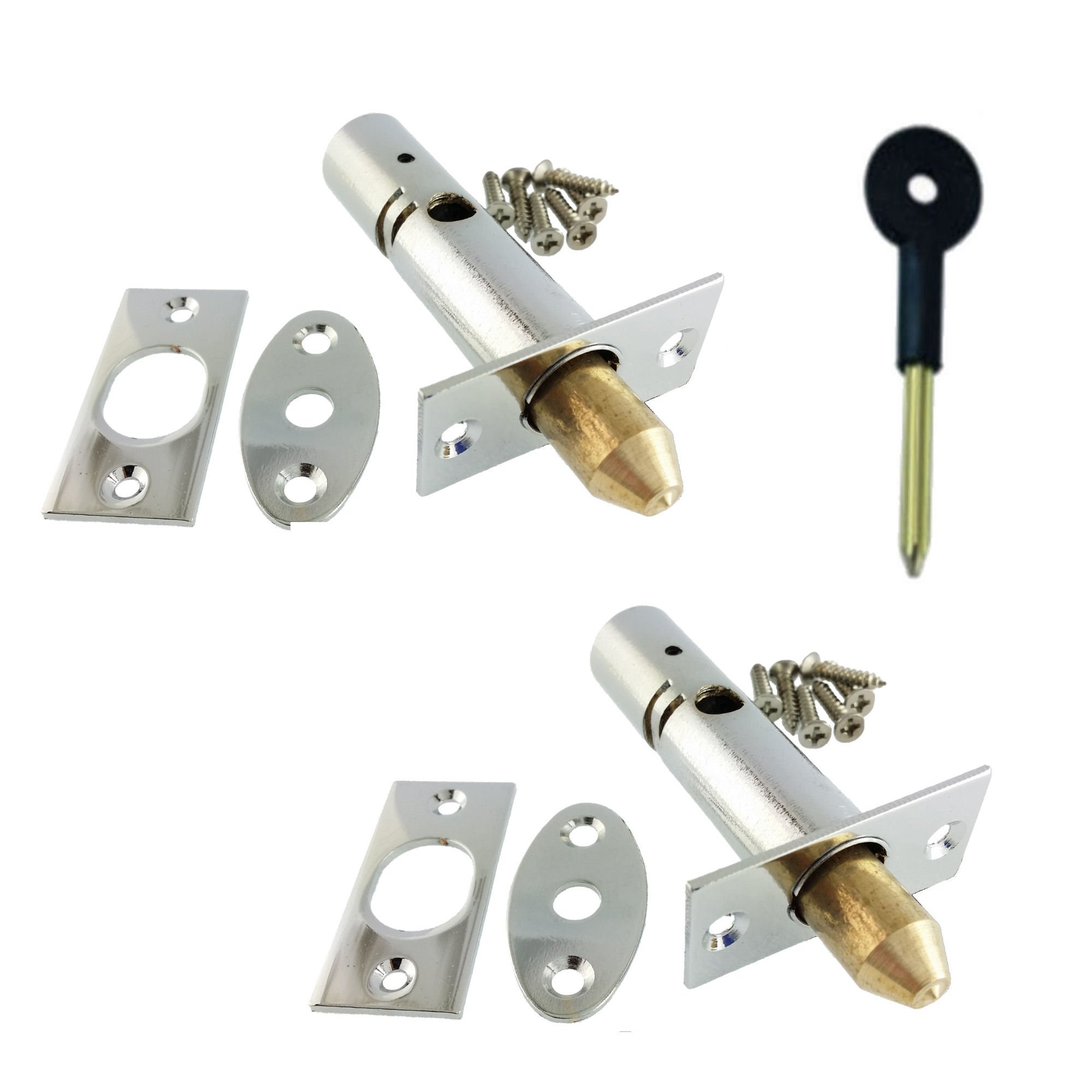 Bee Hardware Chrome Door Security Rack Bolts With Key - Polished Twin Pack
