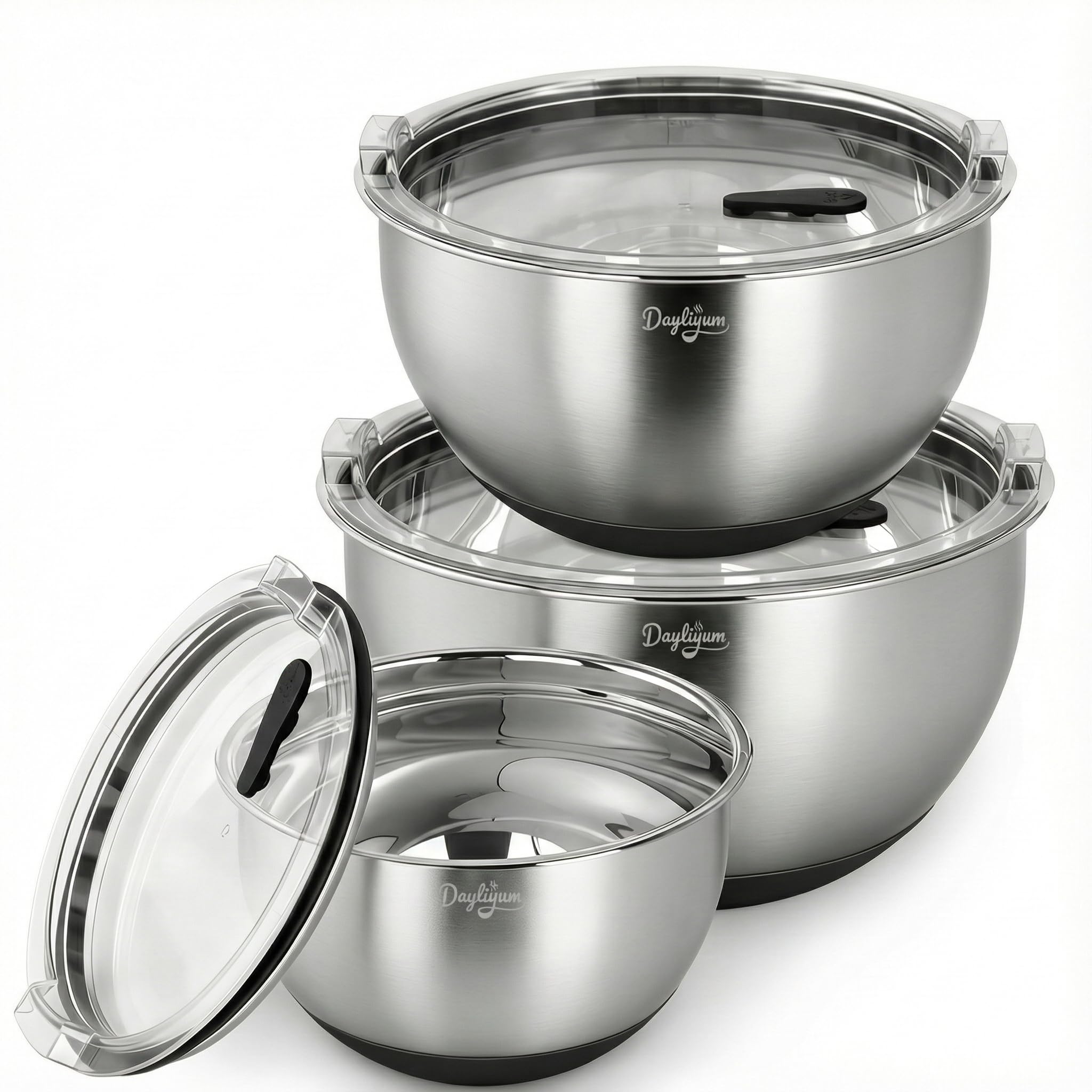 Photo 1 of Mixing Bowls with Airtight Lids, Stainless Steel Nesting Bowl Set with Clear Lids & Valve, 3 Essential Sizes (1.5/3/5 QT), Measurement Marks, Non-Slip Silicone Base, Food Prep & Fridge Storage, Black