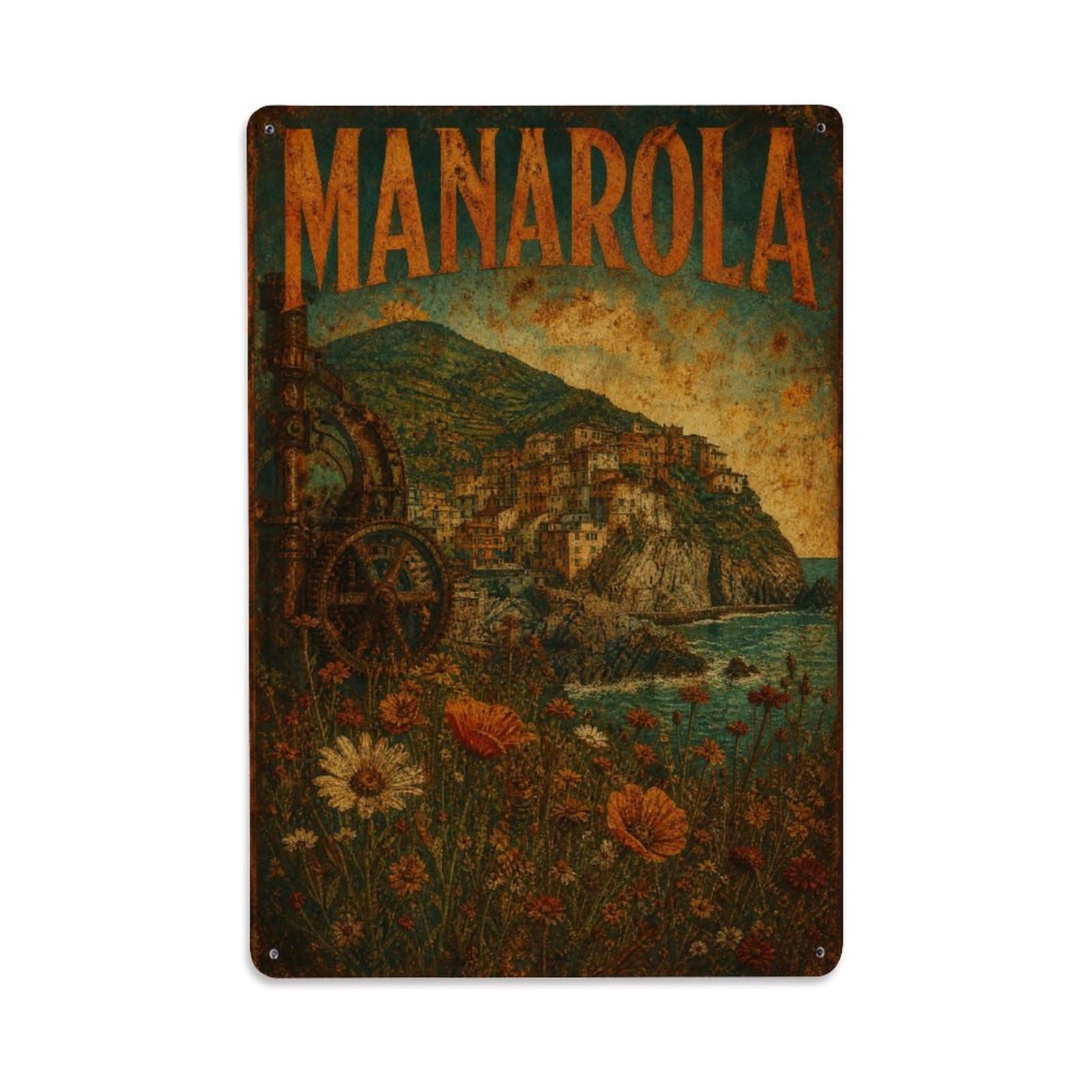 Huiyhb 8X12inch(20X30cm) Vintage Travel Manarola Wildflowers Hillside Meadow Italy Metal Tin Sign