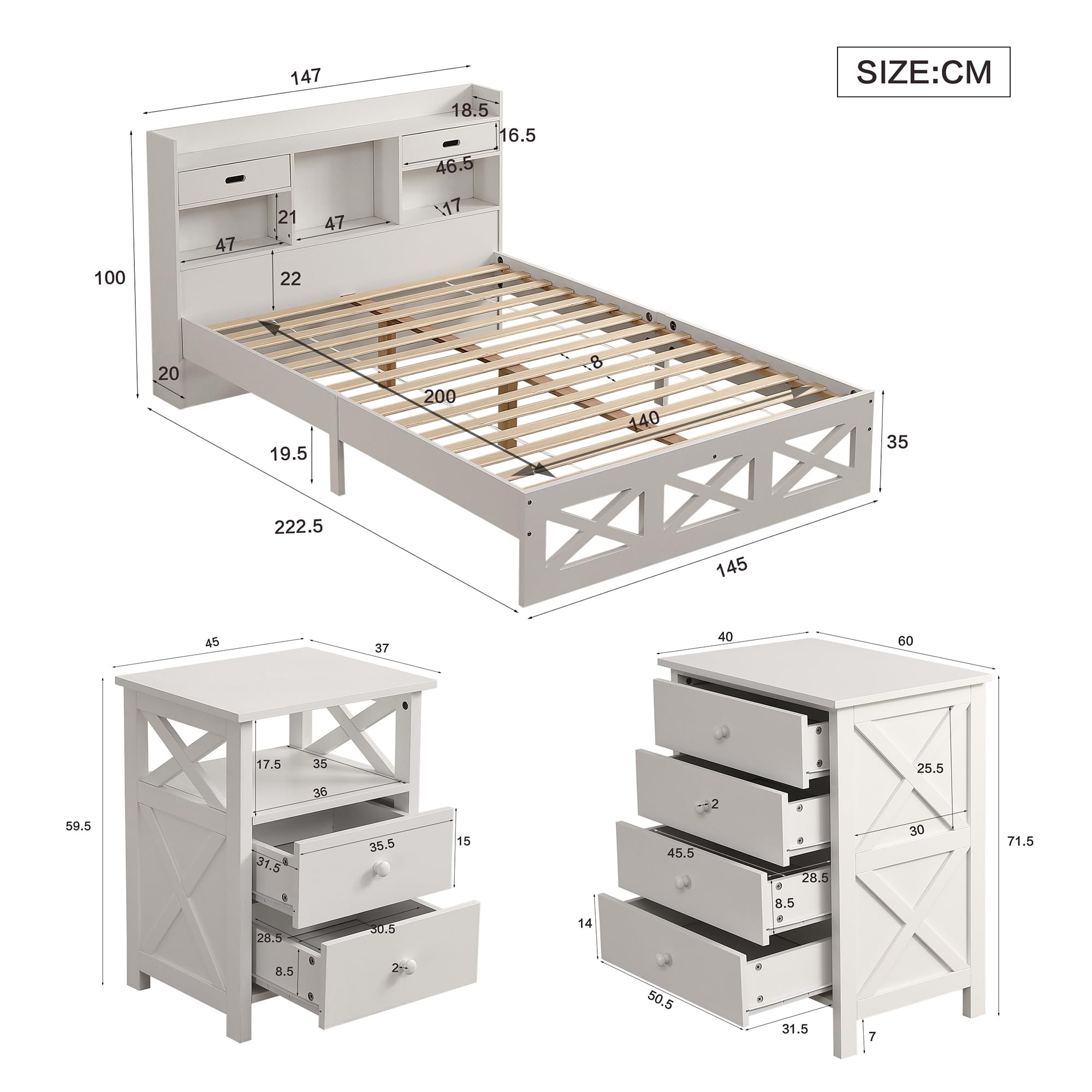 Set completo per camera da letto, letto in legno+comodino+cassettiera, 140 x 200 cm, letto matrimoniale con funzione di conservazione, comodino con 2 cassetti e uno scomparto, MDF, bianco (letto in