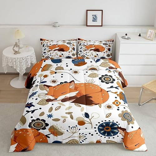 Miniatura 4 de Juego de edredón de zorro tamaño Twin, juego de ropa de cama con zorro durmiente de vida silvestre de dibujos animados para niños y adolescentes,