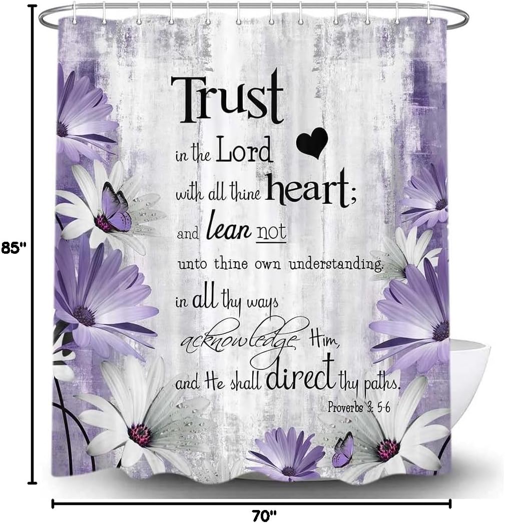 Rustic Farmhouse Purple Shower Curtain Bible Verse Inspirational Shower Curtain Country Farm Bright Violet Daisy Flowers Butterfly Abstract Shower Curtain Set for Bathroom, 69X75IN