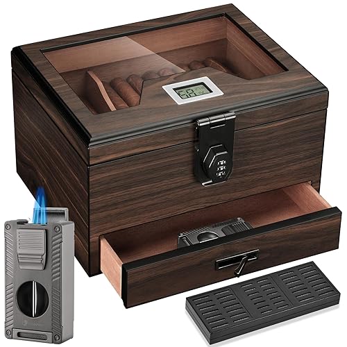 Cigar Humidor and Cigar Lighter Kit, Cedar Wood Cigar Case