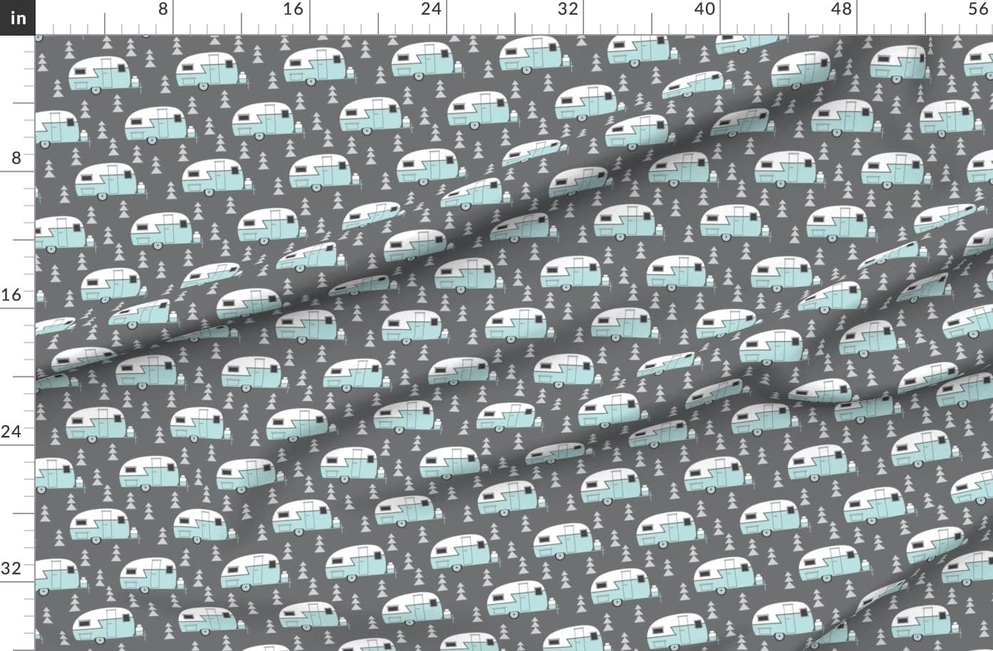 Spoonflower Fabric - Trailer Vintage Turquoise Charcoal Camp Camping Camper Retro Caravan Printed on Organic Cotton Sateen Fabric by The Yard - Sewing Quilting Apparel Home Decor