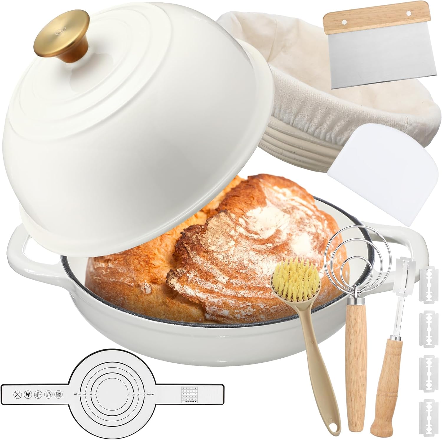 8 pcs enameled bread dutch oven with lid for sourdough baking oven enameled cast iron dutch pot with bread proofing basket baking supplies set for kitchen homemade roasting(white,5 quart) white 5 quart