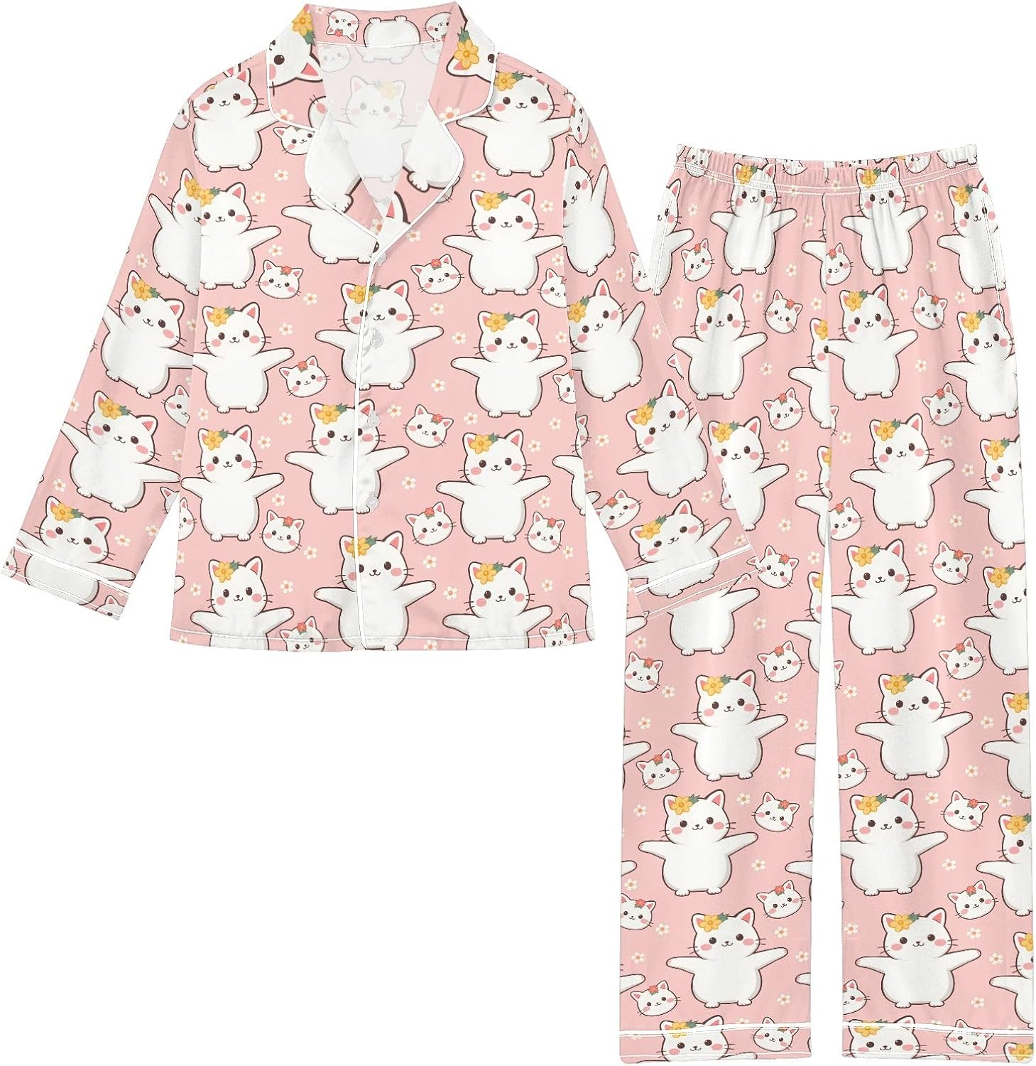 Kids Casual Satin Wear Set Cute Cat Little White Flower Pattern Unisex Relaxed Fit Clothing