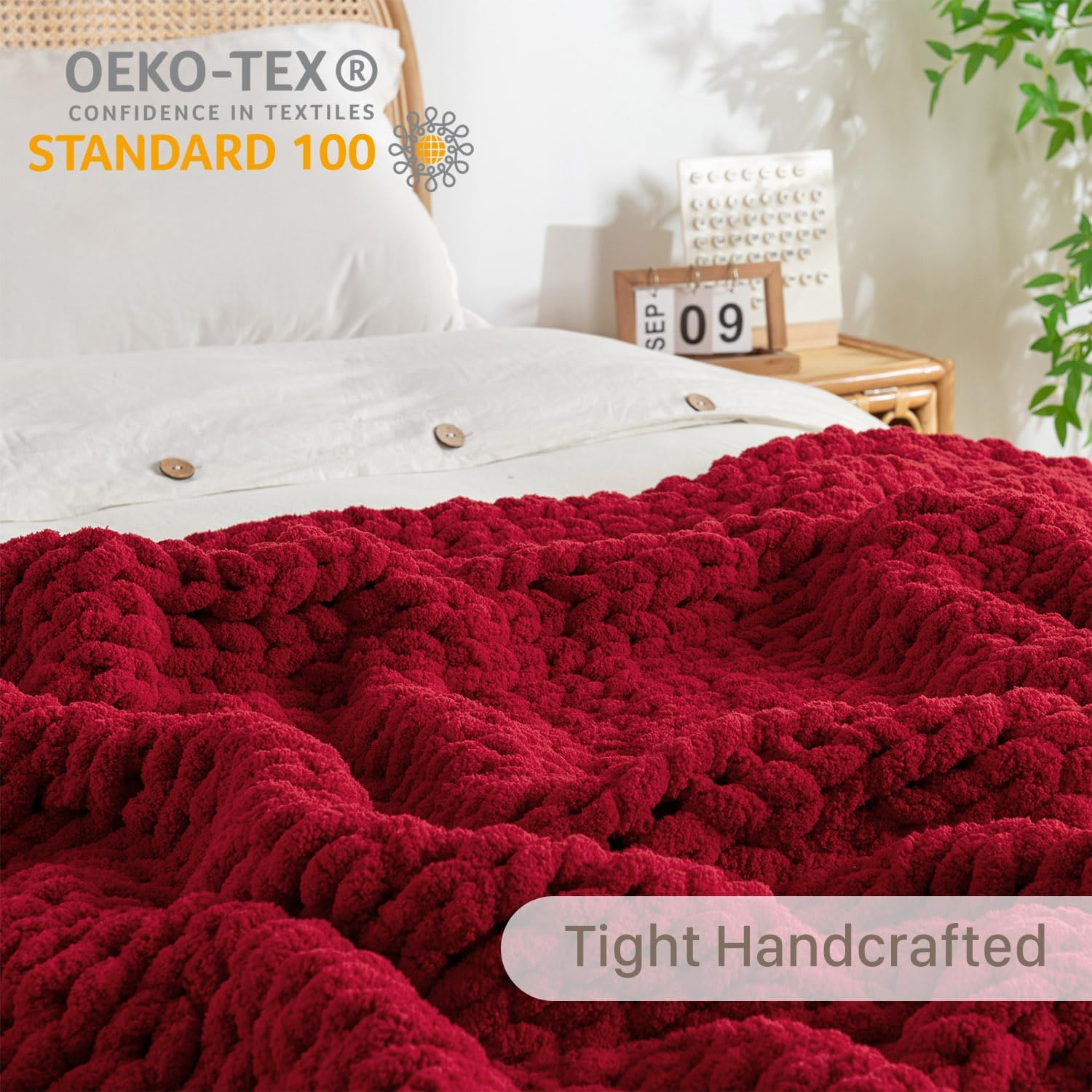 Chunky Knit Blanket Throw, 100% Hand Knit Throw Blanket Handmade Chenille Cable Knit Throw for Couch, Stylish Cozy Soft Rope Knot Crochet Blanket for Home Decor, Red, 50x60 Inches - Image 7