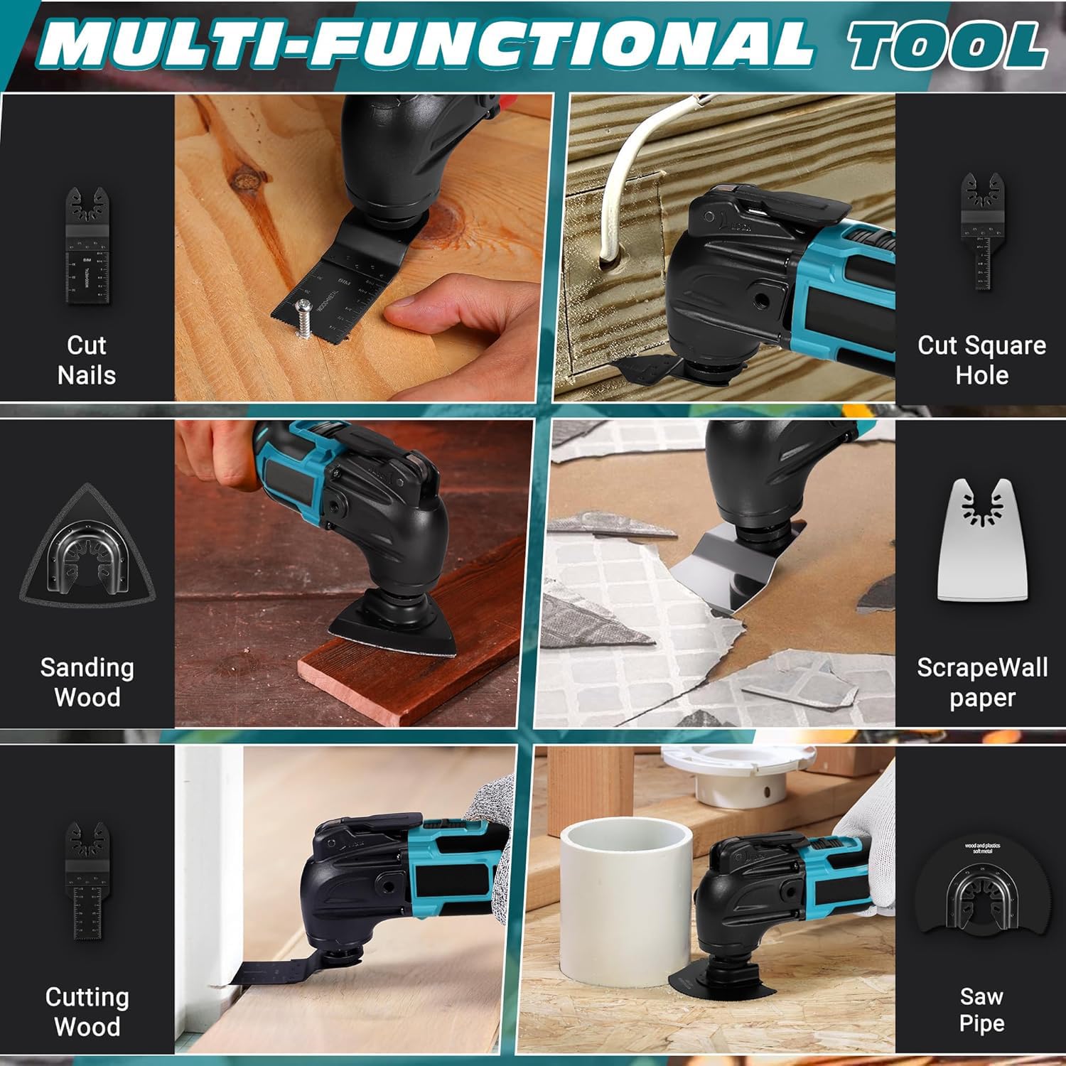 Herramienta multifunción oscilante inalámbrica, compatible con Makita 18V | sin batería, 6 velocidades variables, juego de accesorios de 23 piezas para cortar, lijar, ras