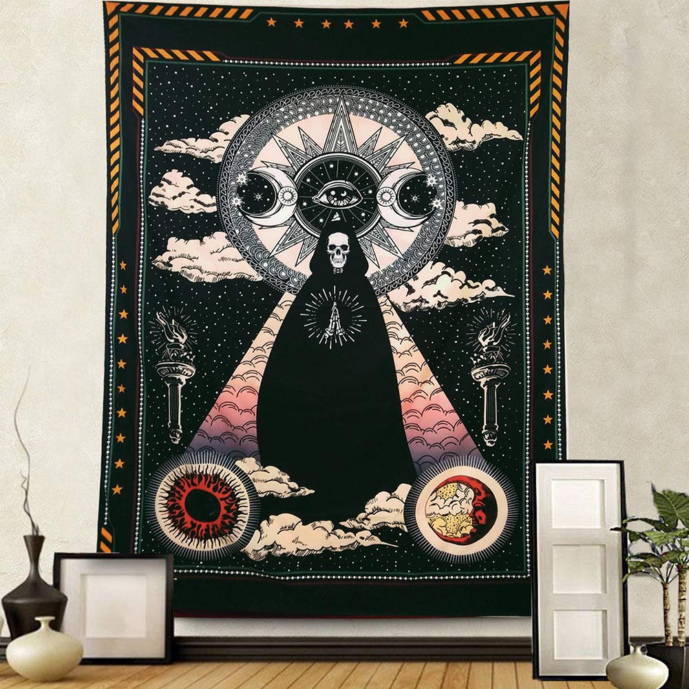 Cestbin Wizard Skull Tapestry Wall Hanging, Sun and Moon Tapestry Stars and Cloud Tapestry, black Chakra Tapestry, Solar Gothic Tarot Tapestry for Dorm Bedroom (Wizard Skull, 59.1" x 78.8")