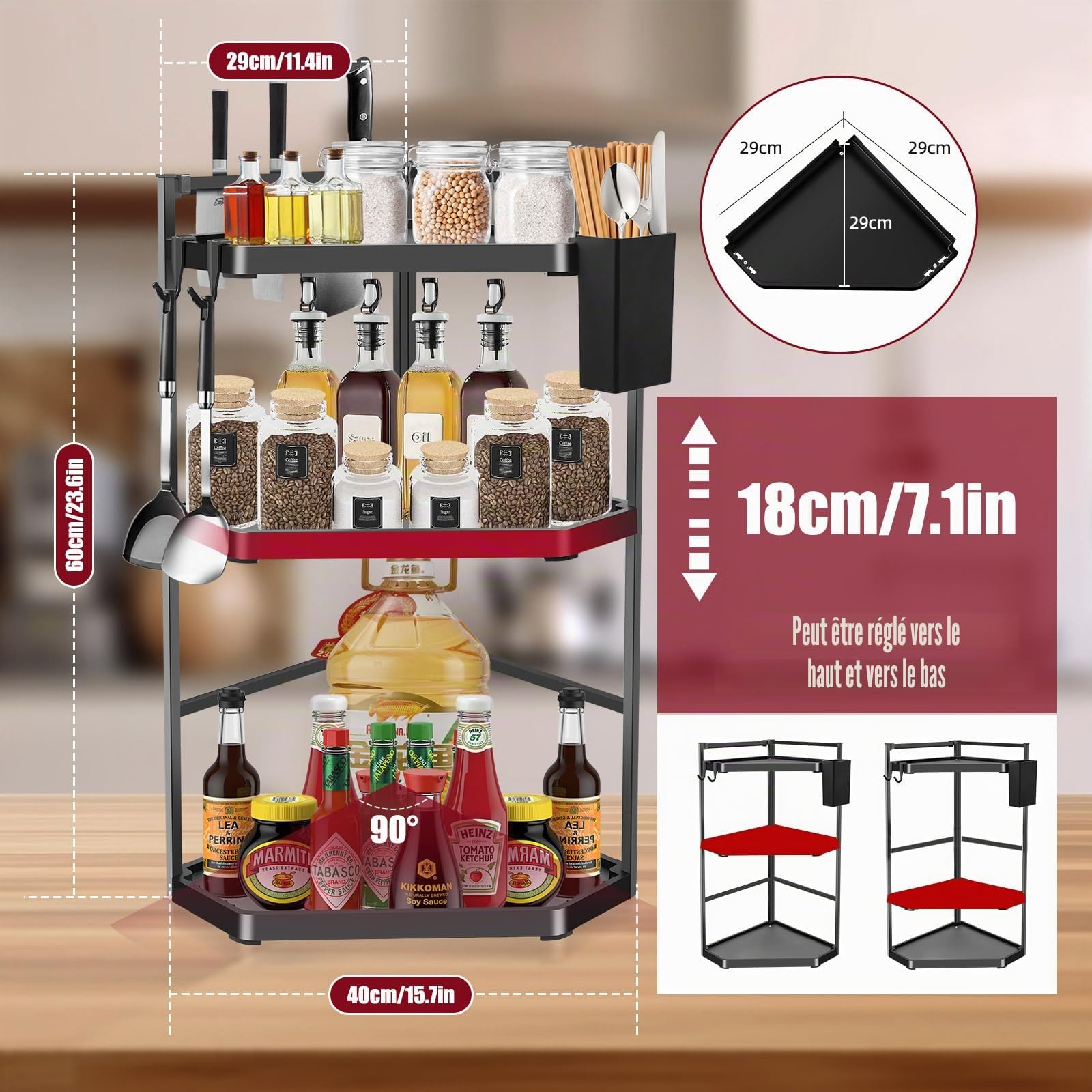Étagère de cuisine d'angle réglable à 3 étages - 60 cm - Extra large - Étagère à épices murale triangulaire en acier inoxydable - Organiseur pour cuisine et salle de bain