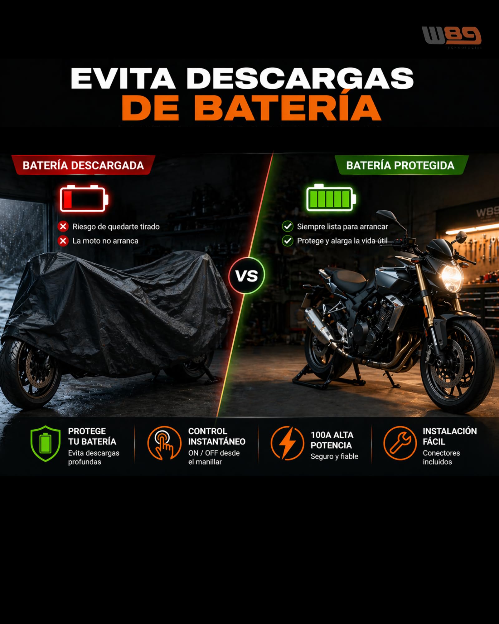 W89 Interruttore Stacca Batteria Moto 12V 100A | Senza Consumo (0W) | Relè Plug & Play | Installazione Flessibile | Interruttore Batteria Moto (Senza Supporto Manubrio)