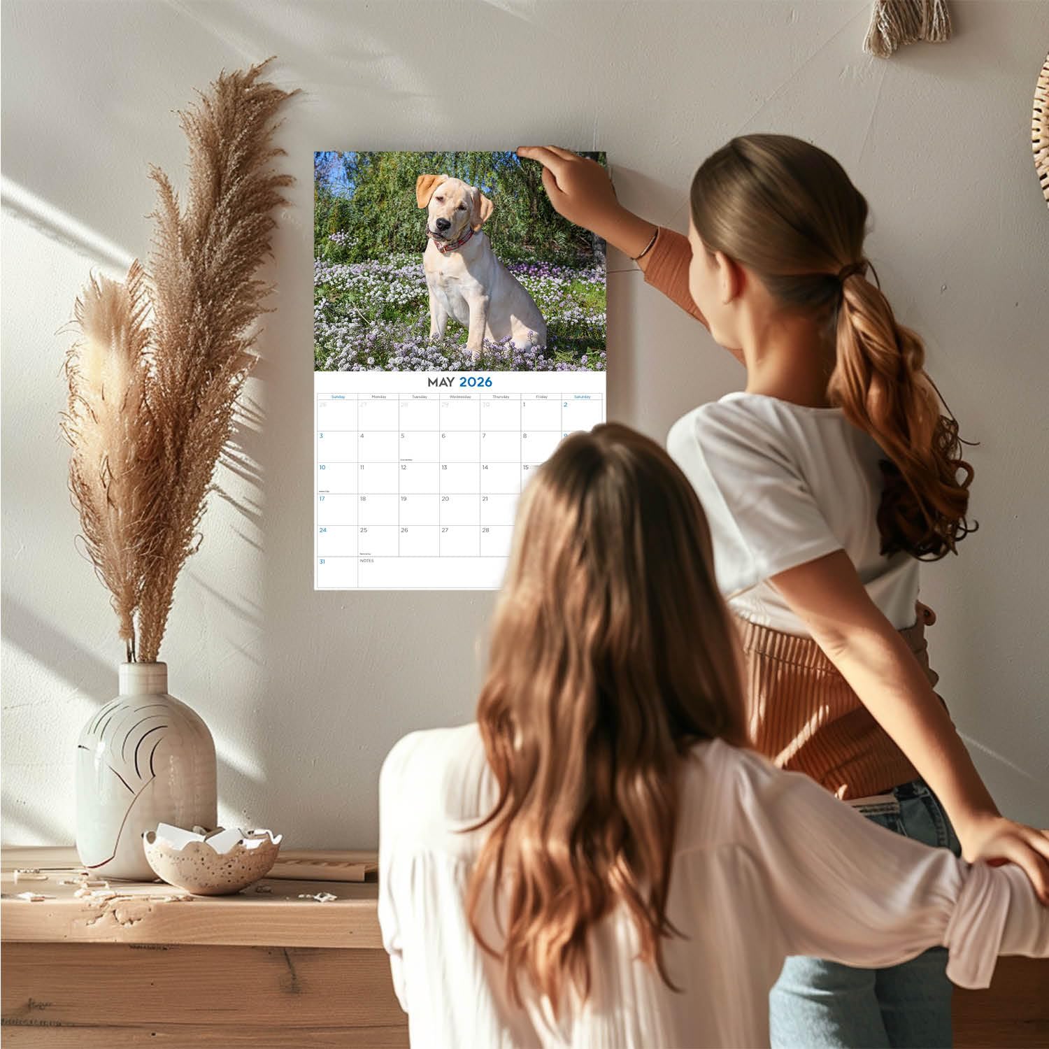 Calendario 2024 2025 de cachorros de labrador amarillo, calendario mensual de pared de raza de perro, 12 x 18 pulgadas, abierto, papel grueso que no se corre, regalo, planificador académico para