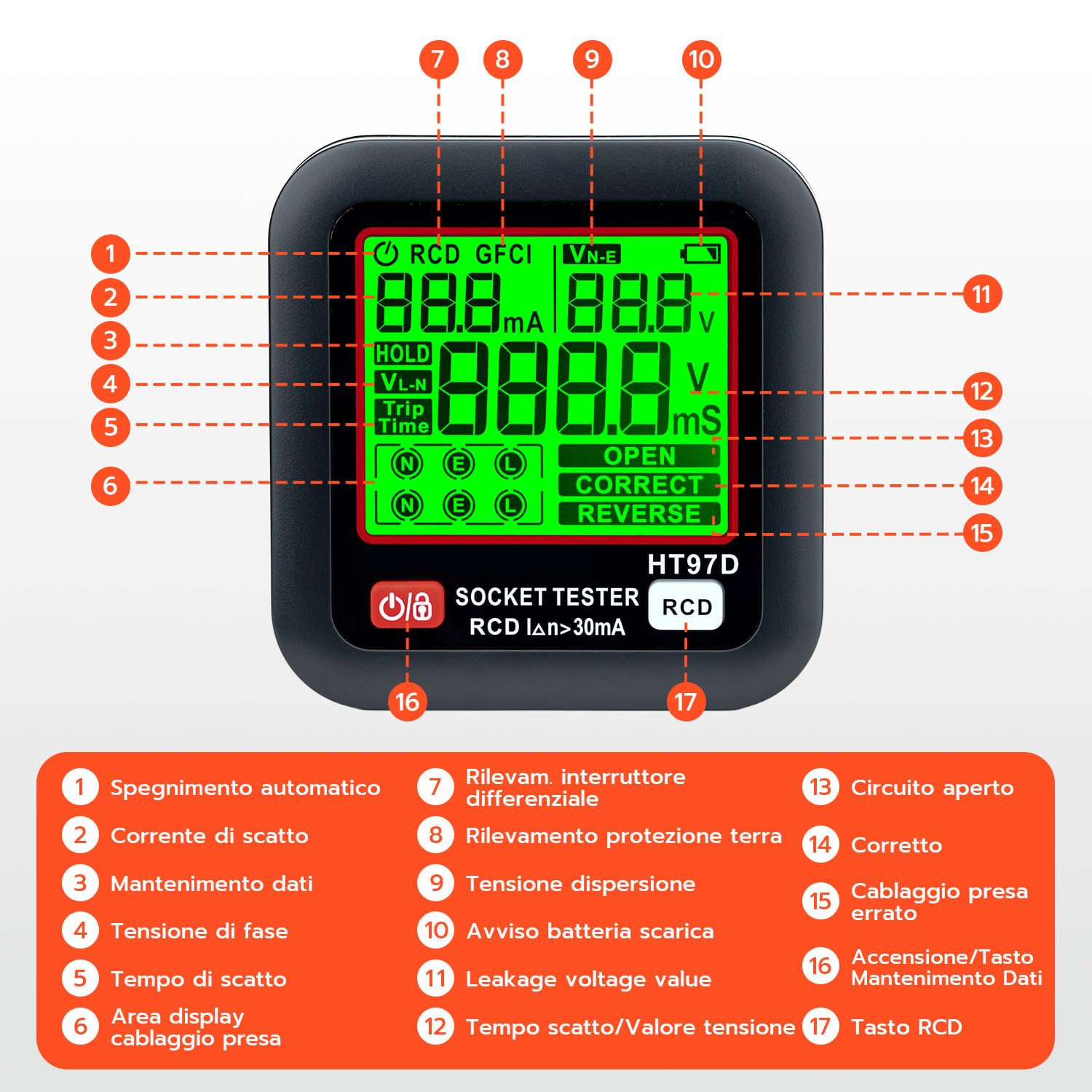 Wigearss Tester de Prese, Tester per Circuiti Elettrici con Test RCD e Display LCD, 6 Tipi di Diagnosi di Errore, Indicatore di Tensione di Dispersione e Corrente, Test FI, 30-260V/45-65Hz