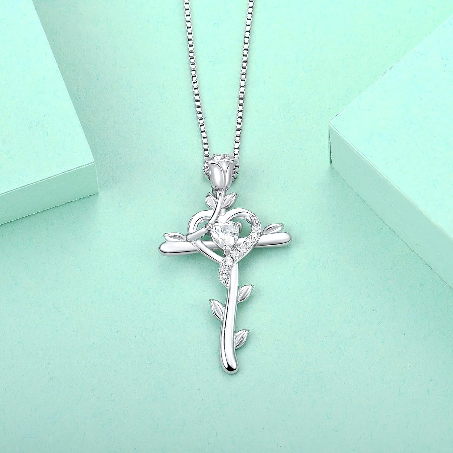 STARCHENIE Rose Cross Necklace 925 Sterling Silver Heart Crucifix Pendant Birthstones Jewelry for Women - Image 4