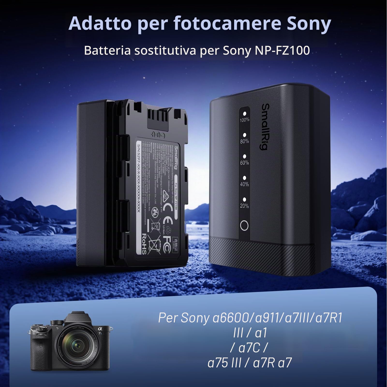 SMALLRIG Batteria per fotocamera Sony NP-FZ100 da 2520 mAh USB-C con indicatore LED, ricarica rapida 2,5 ore, completamente decodificata per Sony Alpha A7V A7III A7IV A6700 A6600 FX3 FX30 A9 A7CII