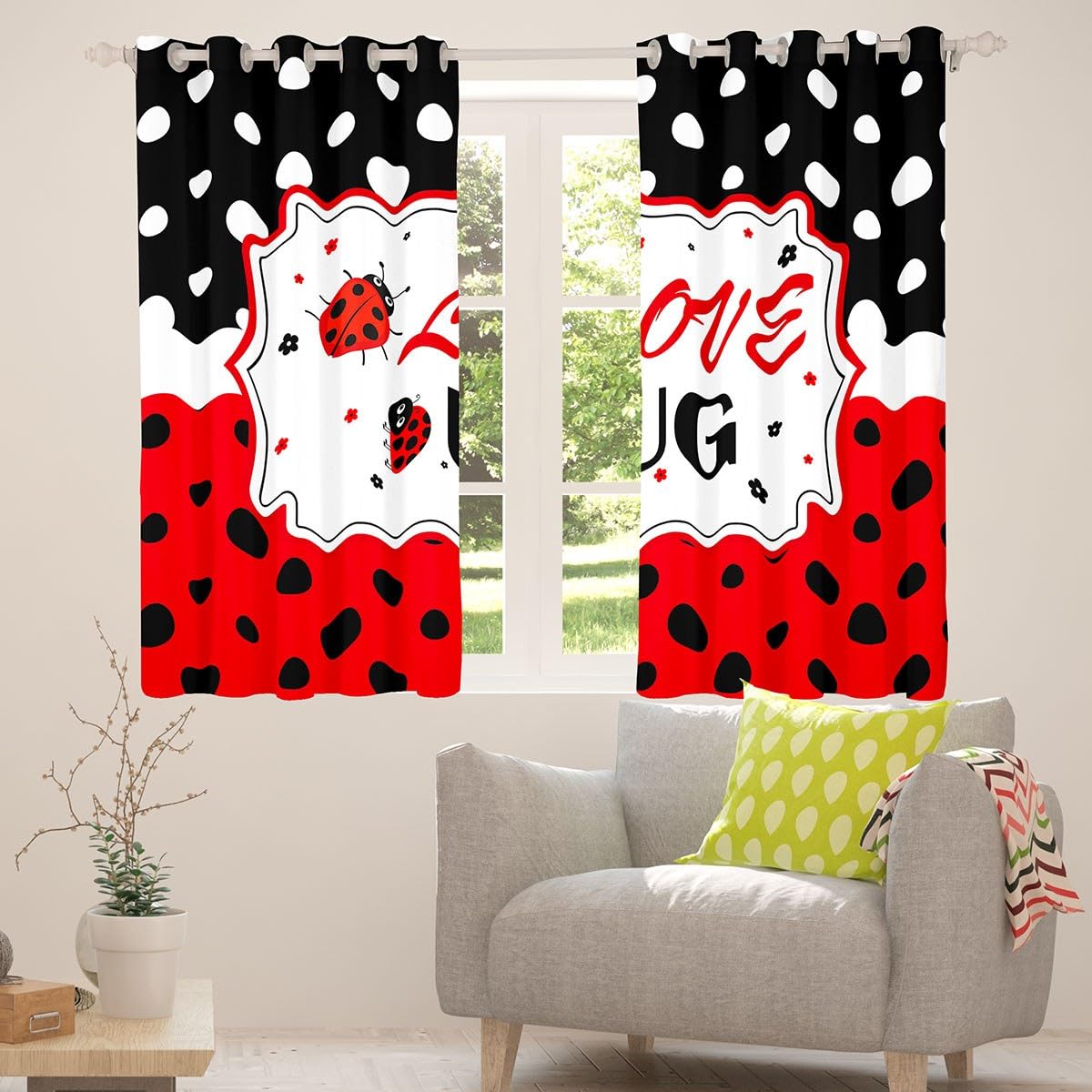 Tende per finestre a forma di coccinella, rosse e nere, decorazione per la camera dei bambini, 168 x 228 cm, graziose tende decorative per finestre per camera da letto e soggiorno