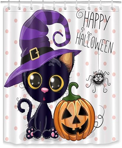 LB Juego de cortina de ducha de calabazas de Halloween, diseño de gato mágico de dibujos animados, diseño de lunares, cortina de baño, ganchos para