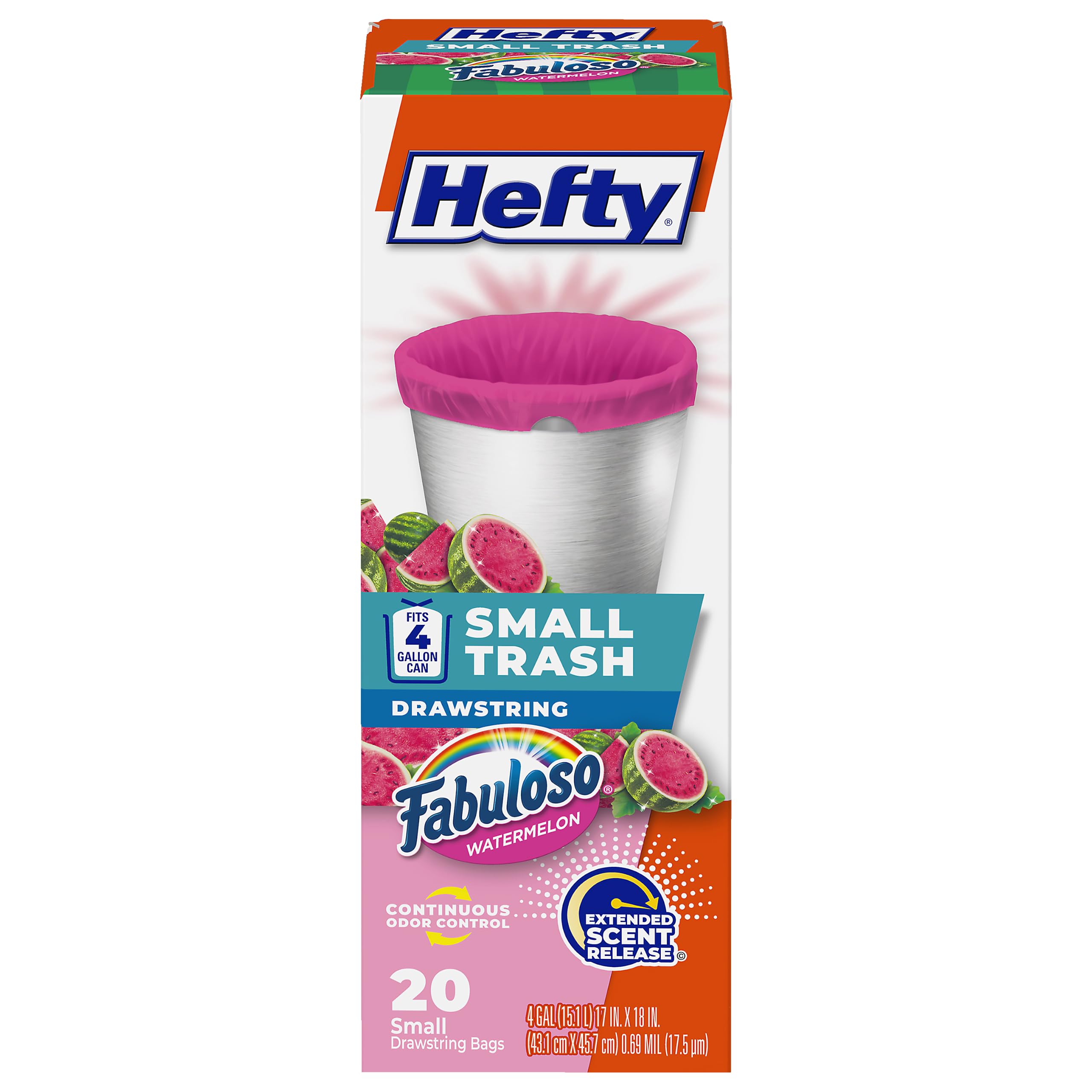 Hefty 4 Gallon Small Trash Bags, Pink, Fabuloso Watermelon Scent, 20ct | Drawstring Closure, 4G Small Pink Trash Bags for Bathrooms, Dorm Rooms, Home Offices, Scented, Continuous Odor Control