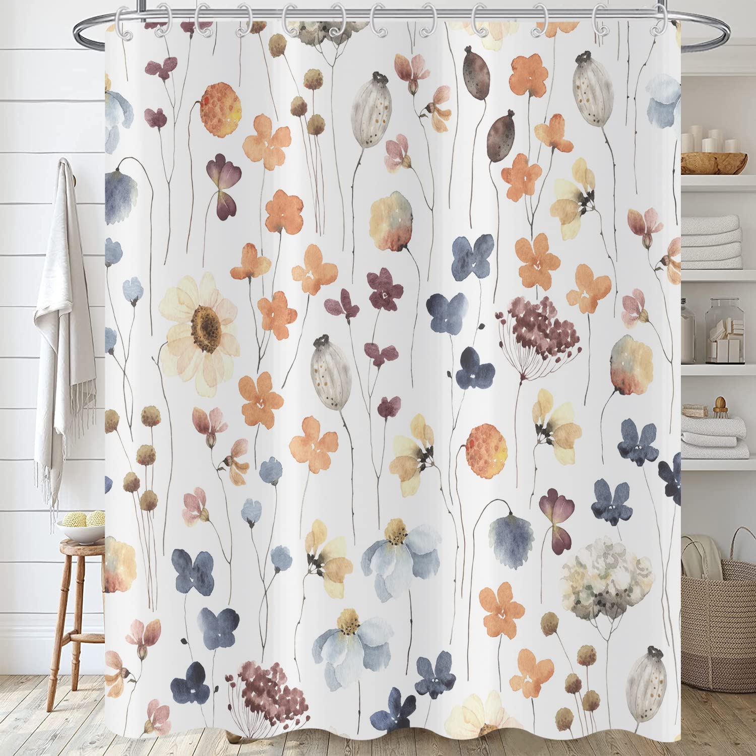 Floral Shower Curtain 180x200, Hnmdmyi Rustic Farmhouse Blue Orange Pink Flower Bathroom Curtains Vintage Country Colorful Plant Botanical Waterproof Polyester Fabric Washable Bath Curtains with Hooks