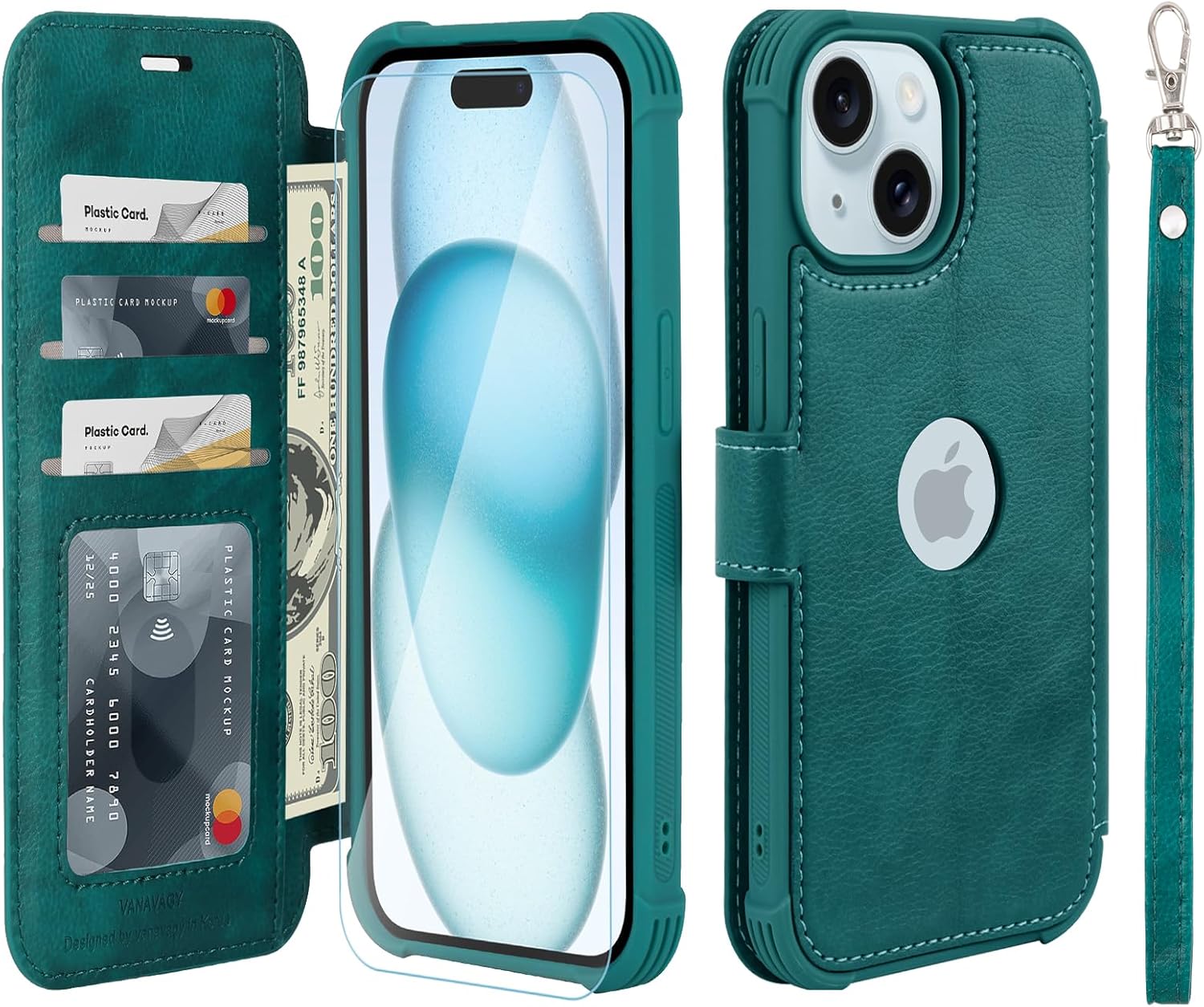 VANAVAGY Compatible for iPhone 15 Wallet Case, PU Leather Flip Cover with Wrist Strap RFID Blocking Card Holder for Wireless Charging,[Screen Protector & Camera Cover],Midnight Green
