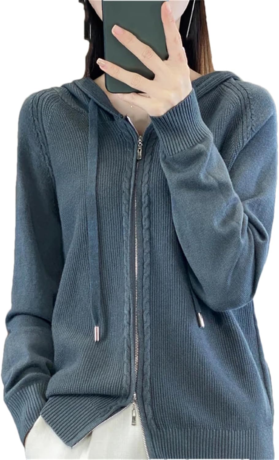 Women Knitwear Long Sleeve Cashmere Hooded Cardigan Cashmere Sweater Coat