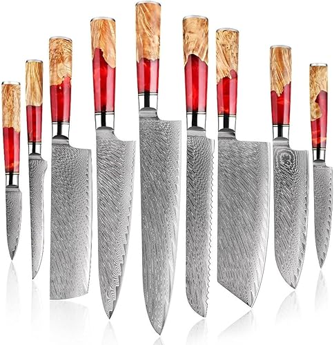 Miniatura 1 de Juego de utensilios de cocina de 9 piezas de cuchillos de chef de damasco, hoja afilada de acero inoxidable de alto carbono, VG10 73 capas, espiga