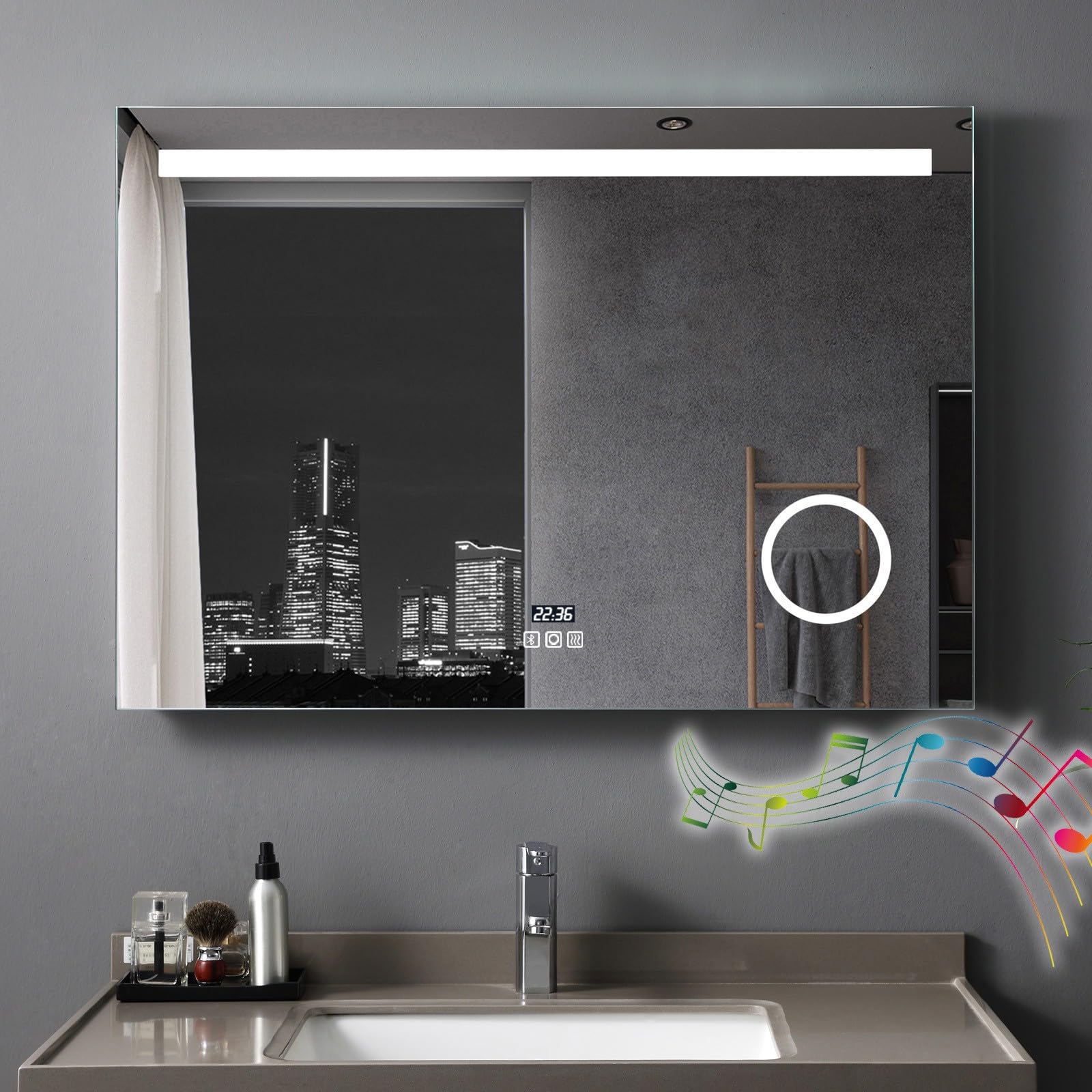 Specchio Bagno con Luce 100 x 70 cm, Specchio Bagno Led Bluetooth, Presa, Orologio, Dimmerabile, 3 Colori di Luce, Antiappannamento, Lente D'ingrandimento 3X, Grande Specchio da Parete