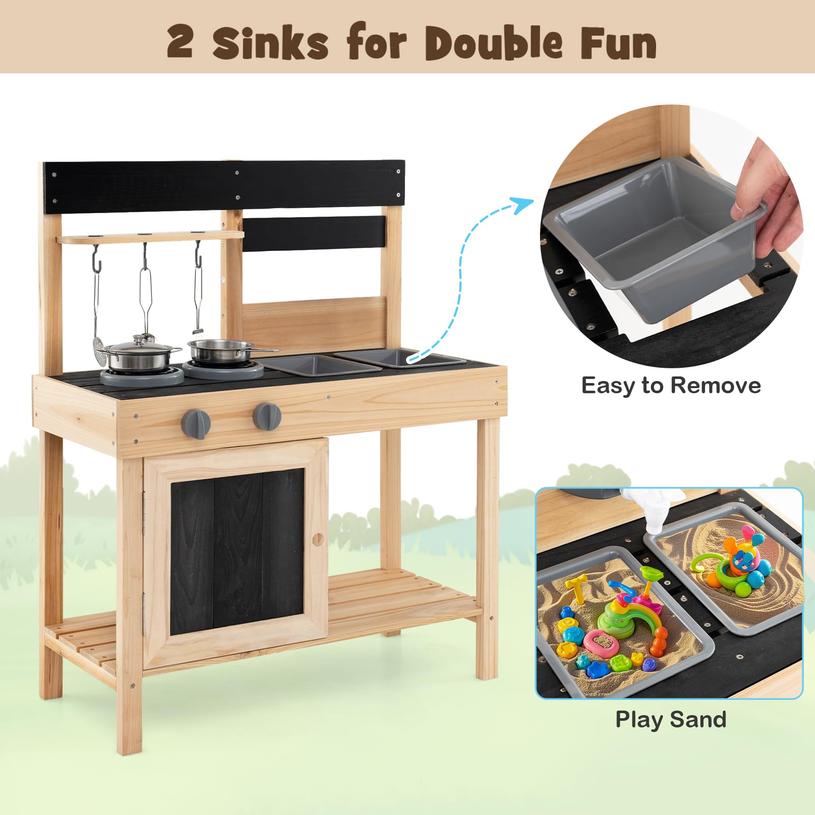 HOMASIS Matschküche Kinder Outdoor, Kinderküche mit 2 Spülen, Herd & Kreidertafel, Spielküche Holz mit Zubehör, Spielzeugküche mit 3 Haken & Regalen, für Kinder ab 3 Jahren