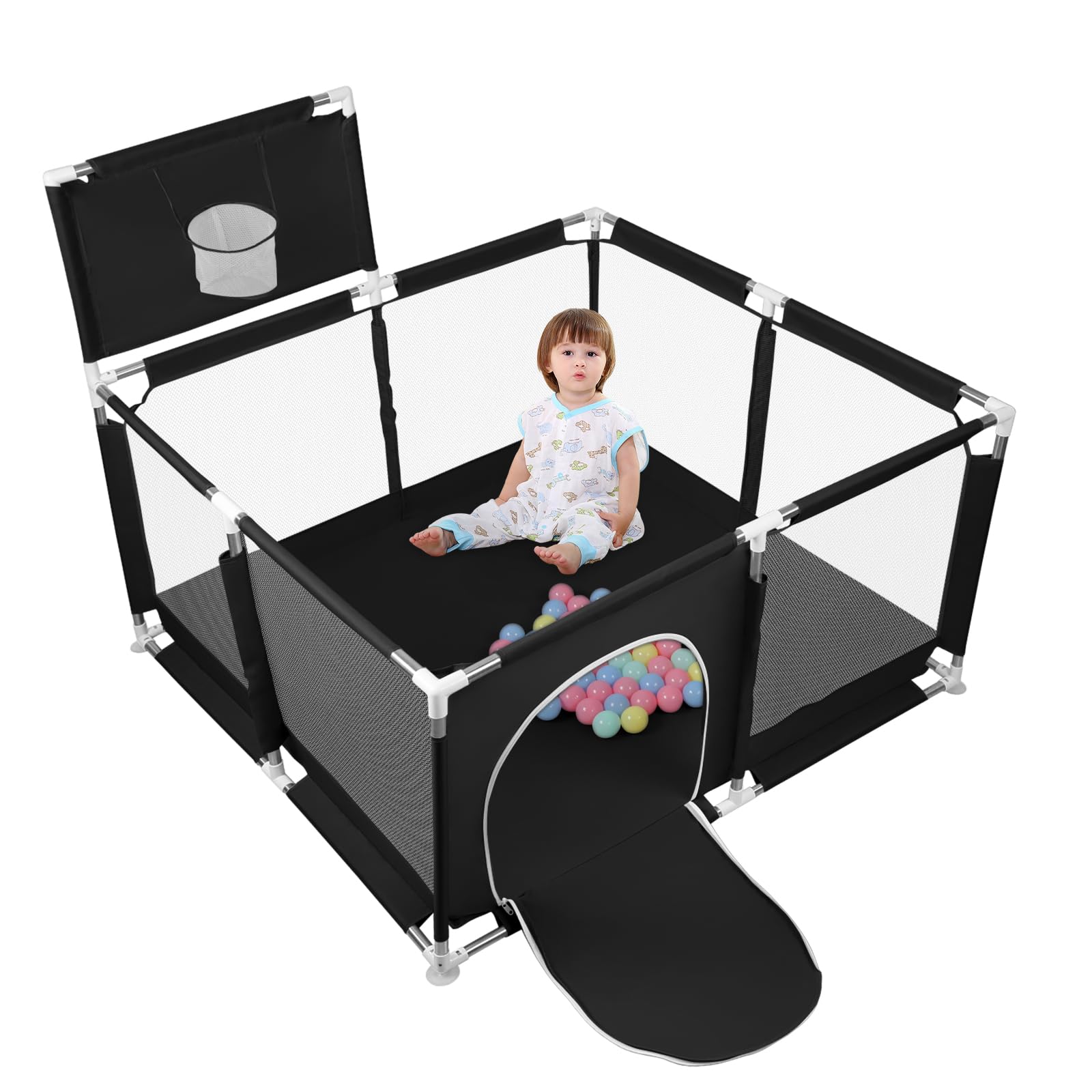 Parc Bébé,d'Activité pour Enfants avec Base,Modulable,Pliable,Grand parc pour enfant en bas âge Avec Porte Zippée,Basketball Rack,Avec 4 Ventouses avec Grille de Protection-126 * 126 * 66cm-Noir