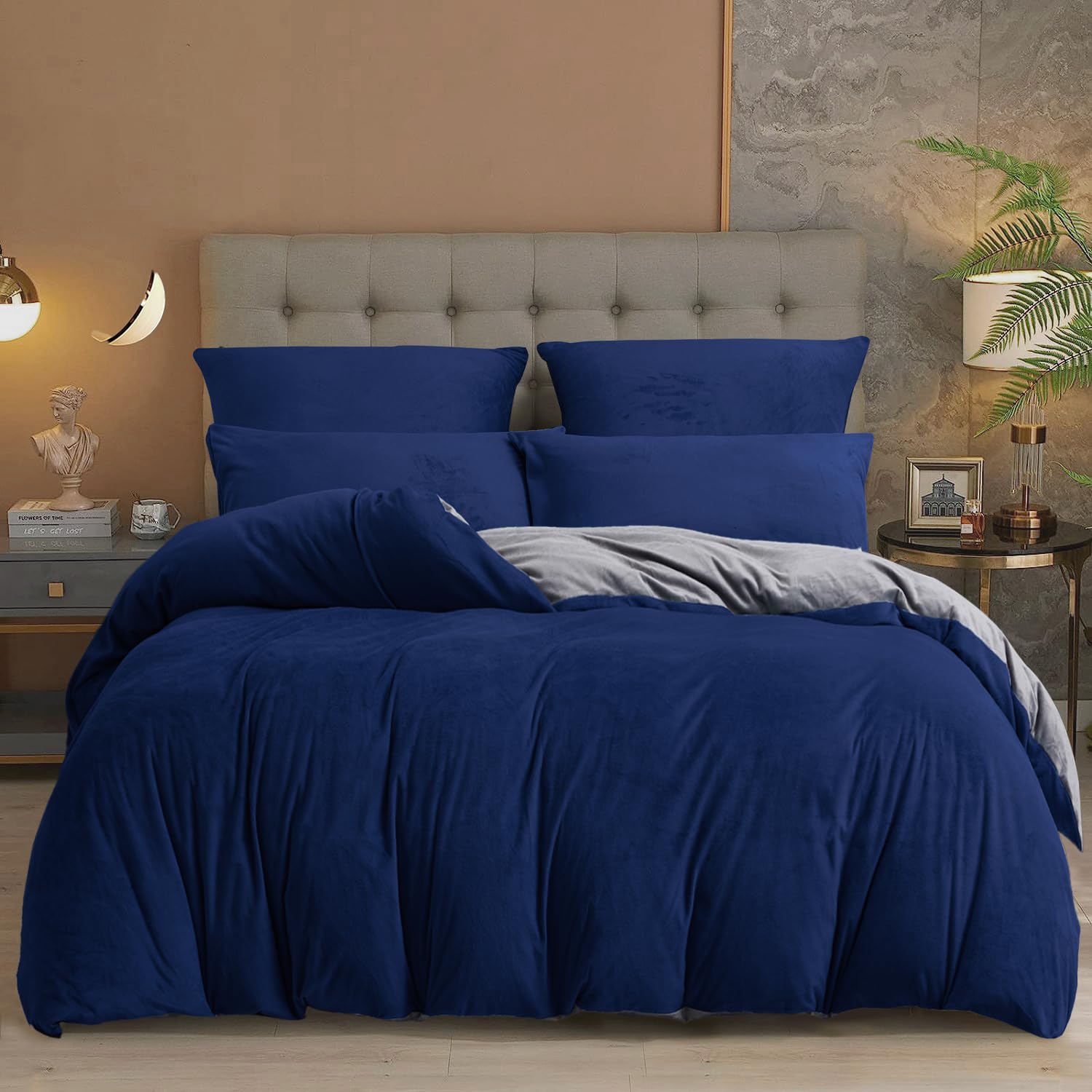 Damier Juego de ropa de cama de invierno de 220 x 240 cm, color azul oscuro, gris, liso, reversible, con tacto de cachemira, 3 piezas con cremallera y 2 fundas de almohada de 80 x 80 cm